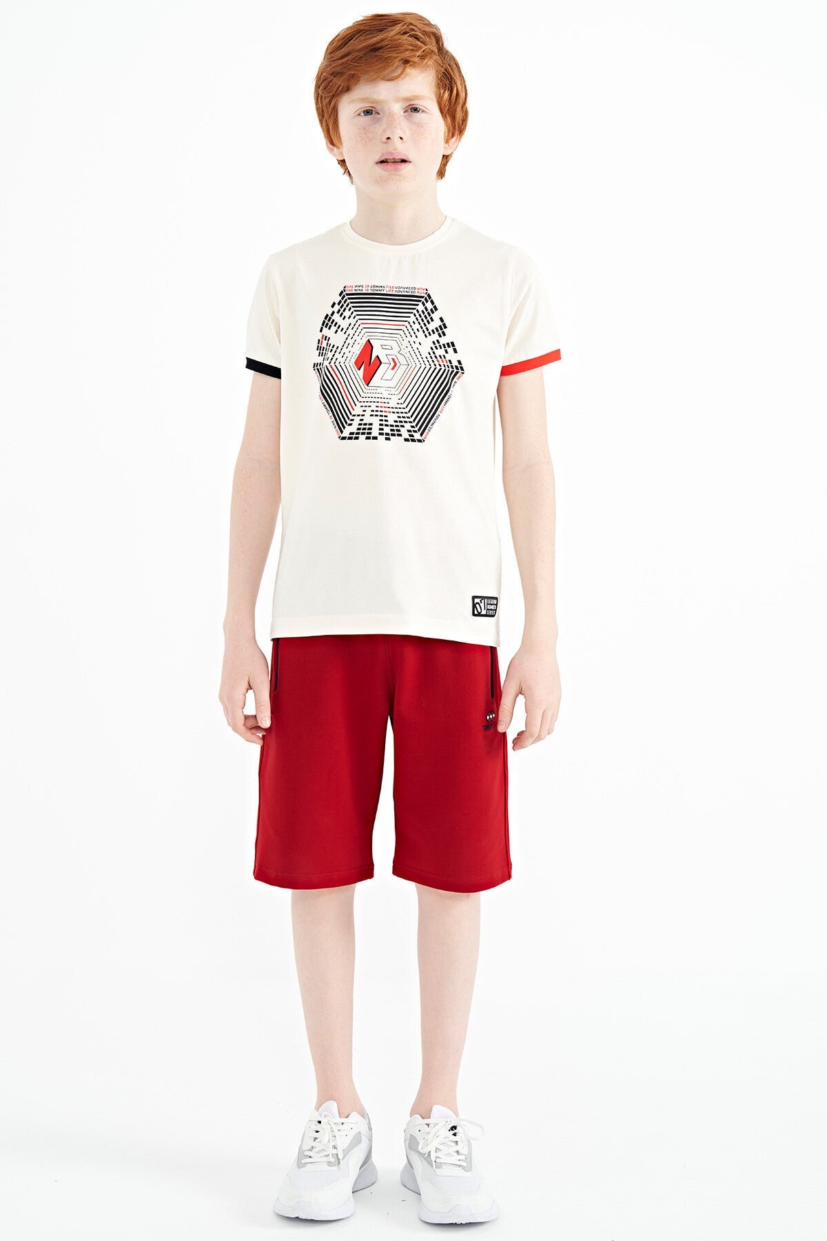 Ekru Kol Ucu Renkli Detaylı Baskılı Standart Kalıp Erkek Çocuk T-Shirt - 11156