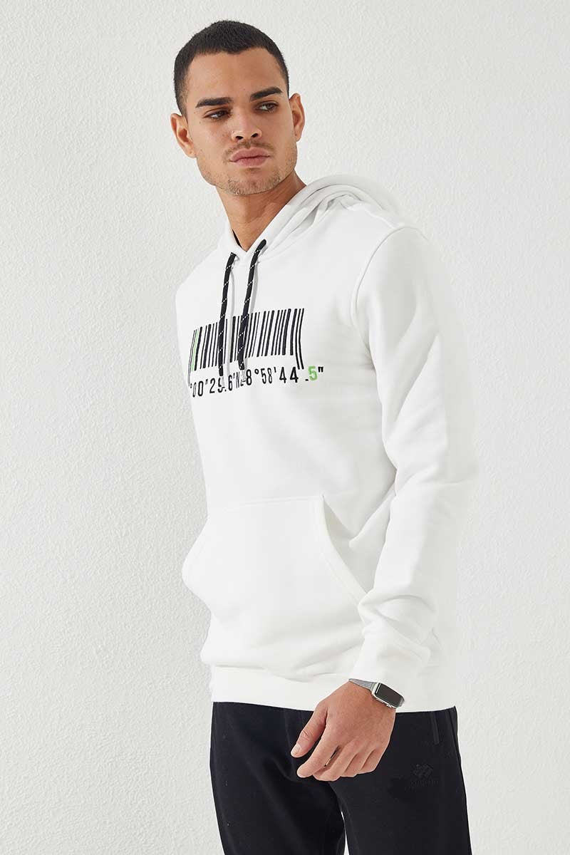 Ekru Nakışlı Kanguru Cep Standart Kalıp Kapüşonlu Erkek Sweatshirt - 87839