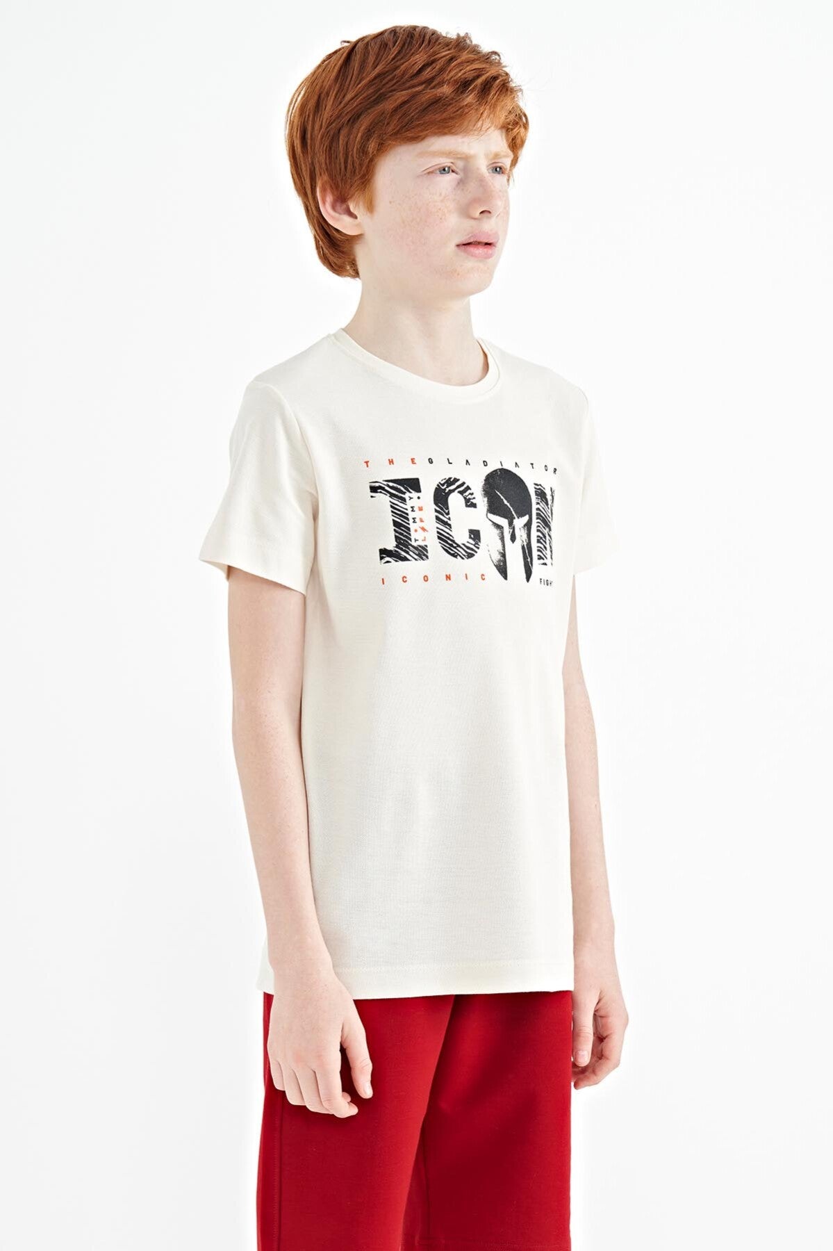 Ekru Ön Yazı Nakışlı O Yaka Standart Kalıp Erkek Çocuk T-Shirt - 11118