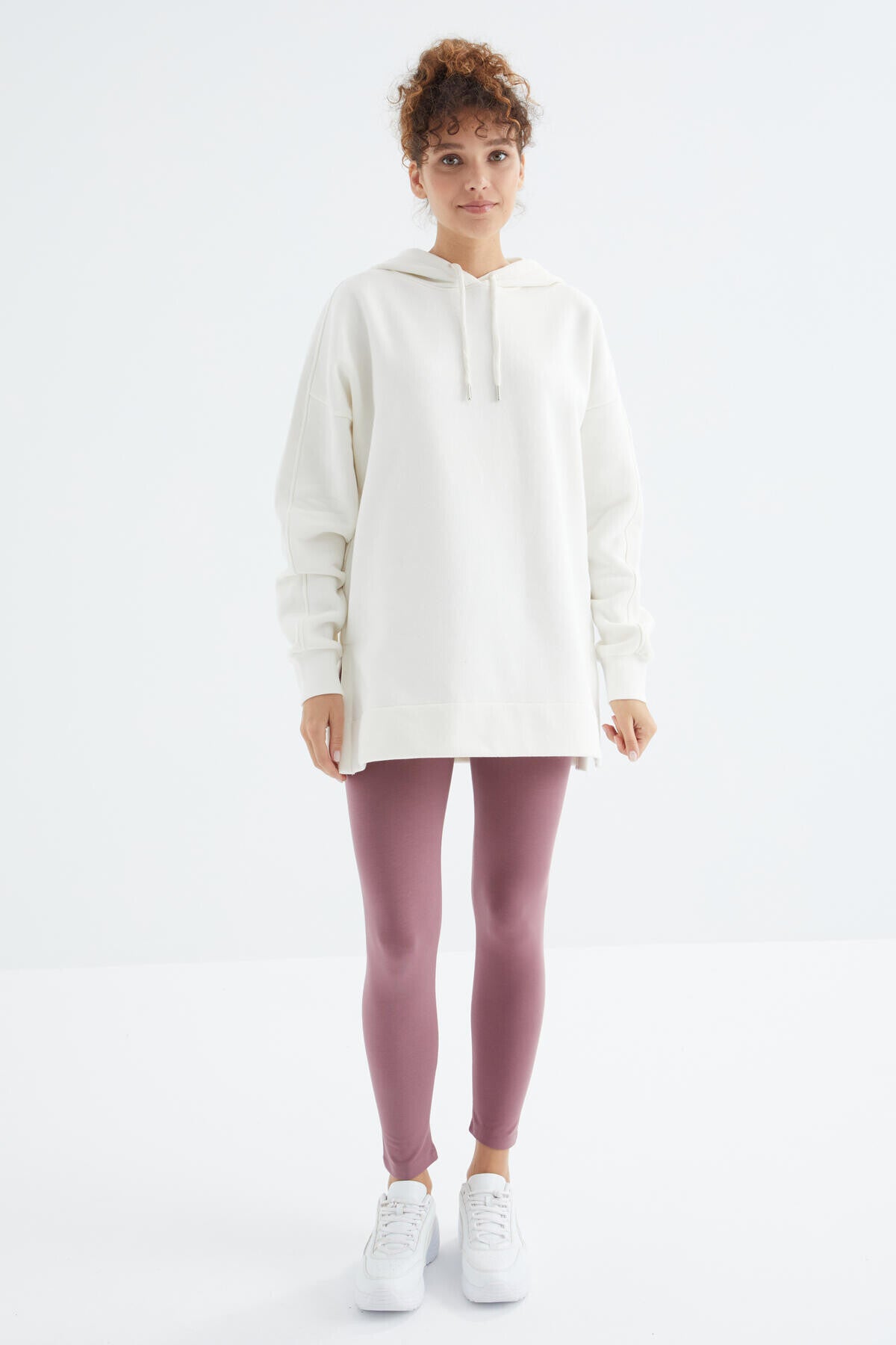 Ekru Reglan Kol Basic Kapüşonlu Oversize Sweatshirt Tunik - 97242