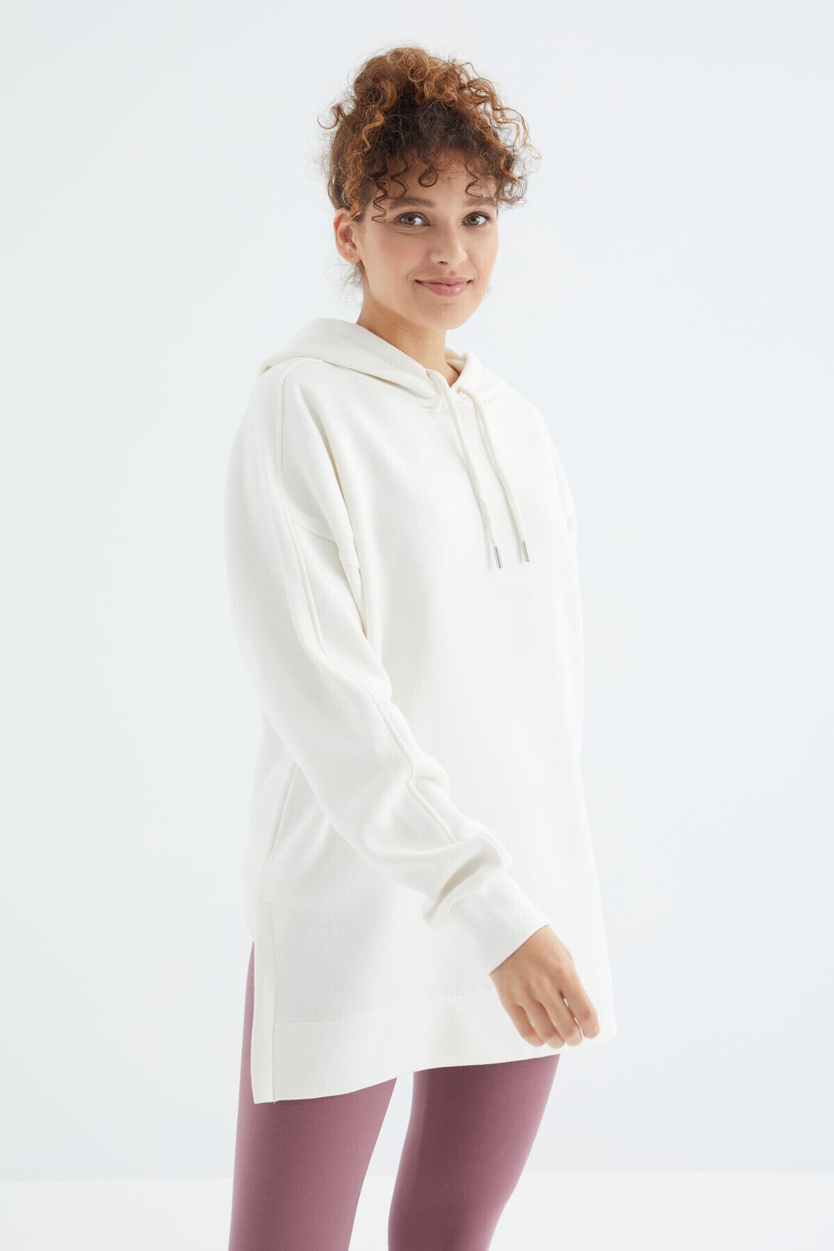 Ekru Reglan Kol Basic Kapüşonlu Oversize Sweatshirt Tunik - 97242