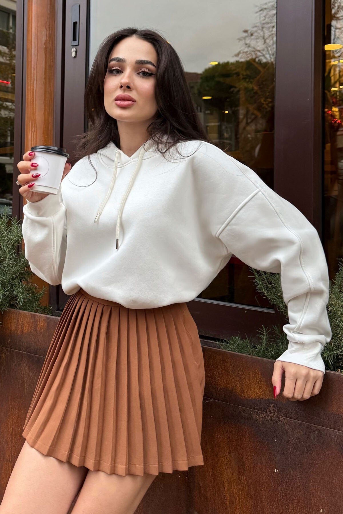 Ekru Reglan Kol Basic Kapüşonlu Oversize Sweatshirt Tunik - 97242