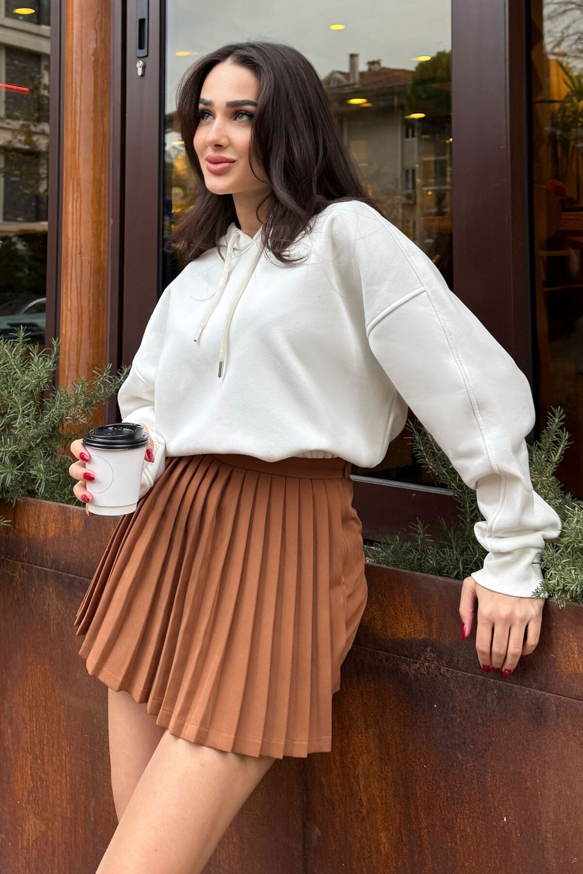 Ekru Reglan Kol Basic Kapüşonlu Oversize Sweatshirt Tunik - 97242