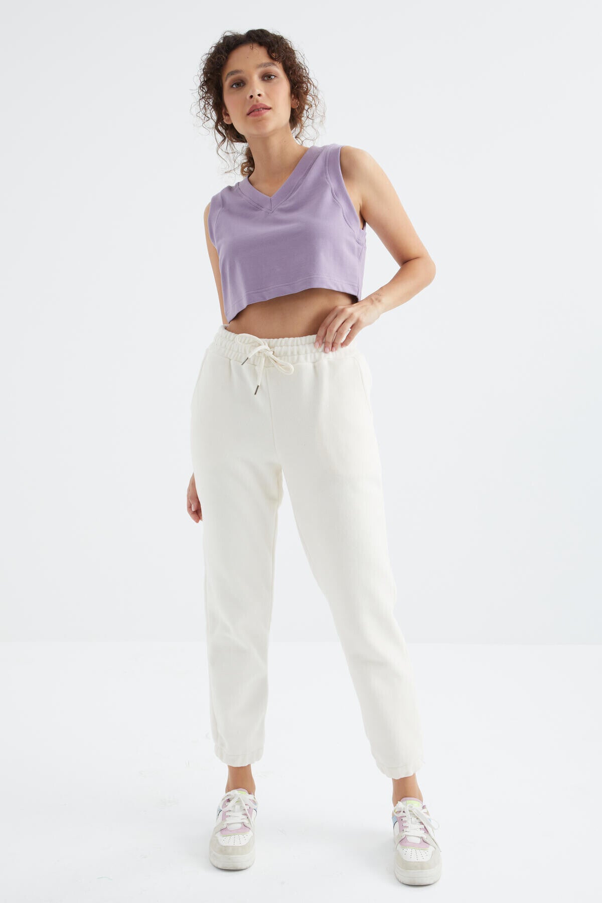 Ekru Yüksek Bel Basic Bağcıklı Jogger Polar Kadın Eşofman Alt - 94622