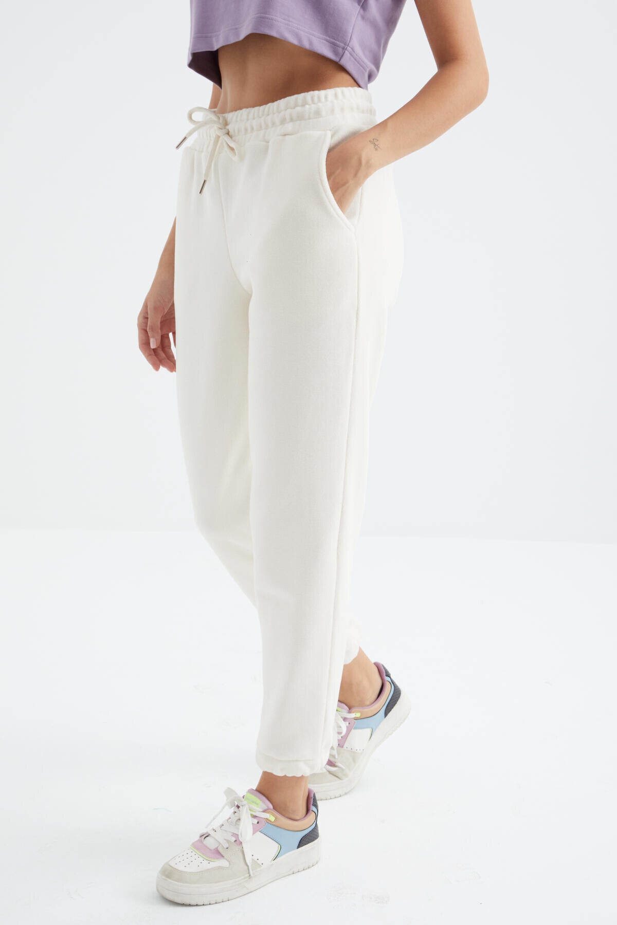 Ekru Yüksek Bel Basic Bağcıklı Jogger Polar Kadın Eşofman Alt - 94622