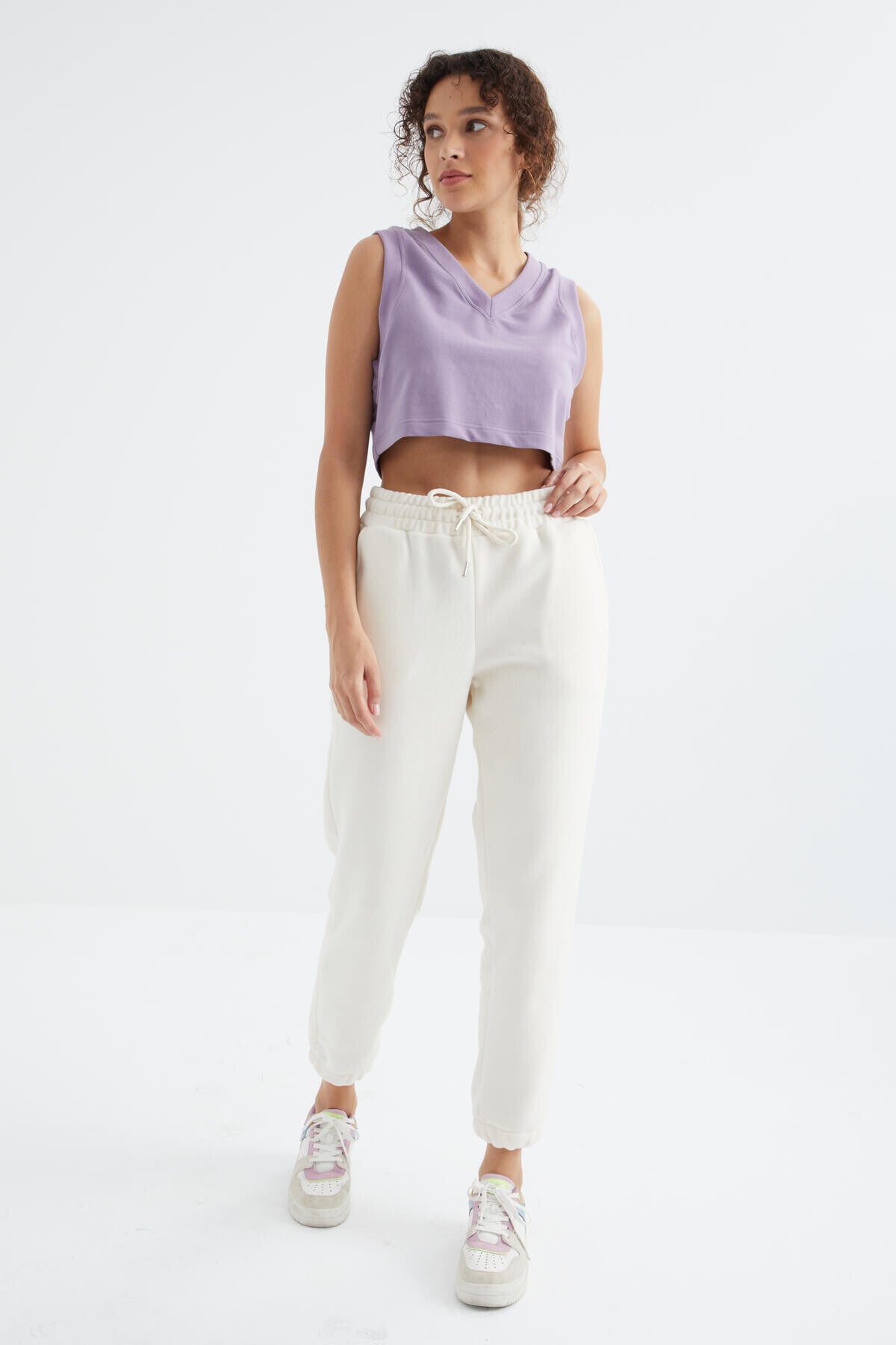 Ekru Yüksek Bel Basic Bağcıklı Jogger Polar Kadın Eşofman Alt - 94622