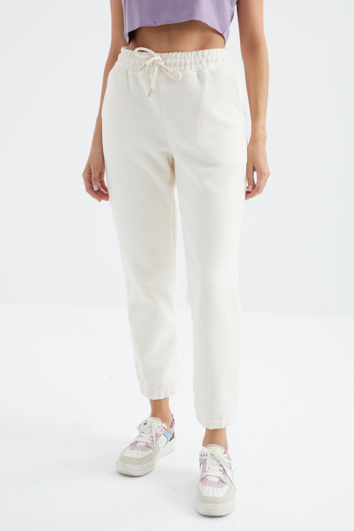 Ekru Yüksek Bel Basic Bağcıklı Jogger Polar Kadın Eşofman Alt - 94622