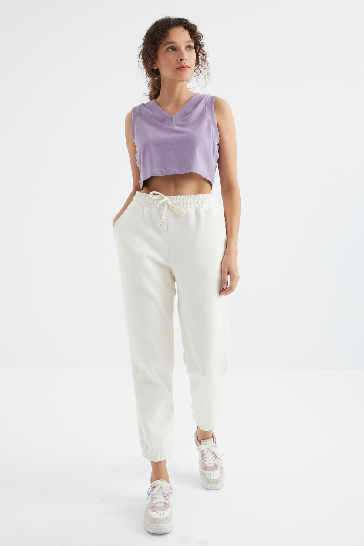 Ekru Yüksek Bel Basic Bağcıklı Jogger Polar Kadın Eşofman Alt - 94622