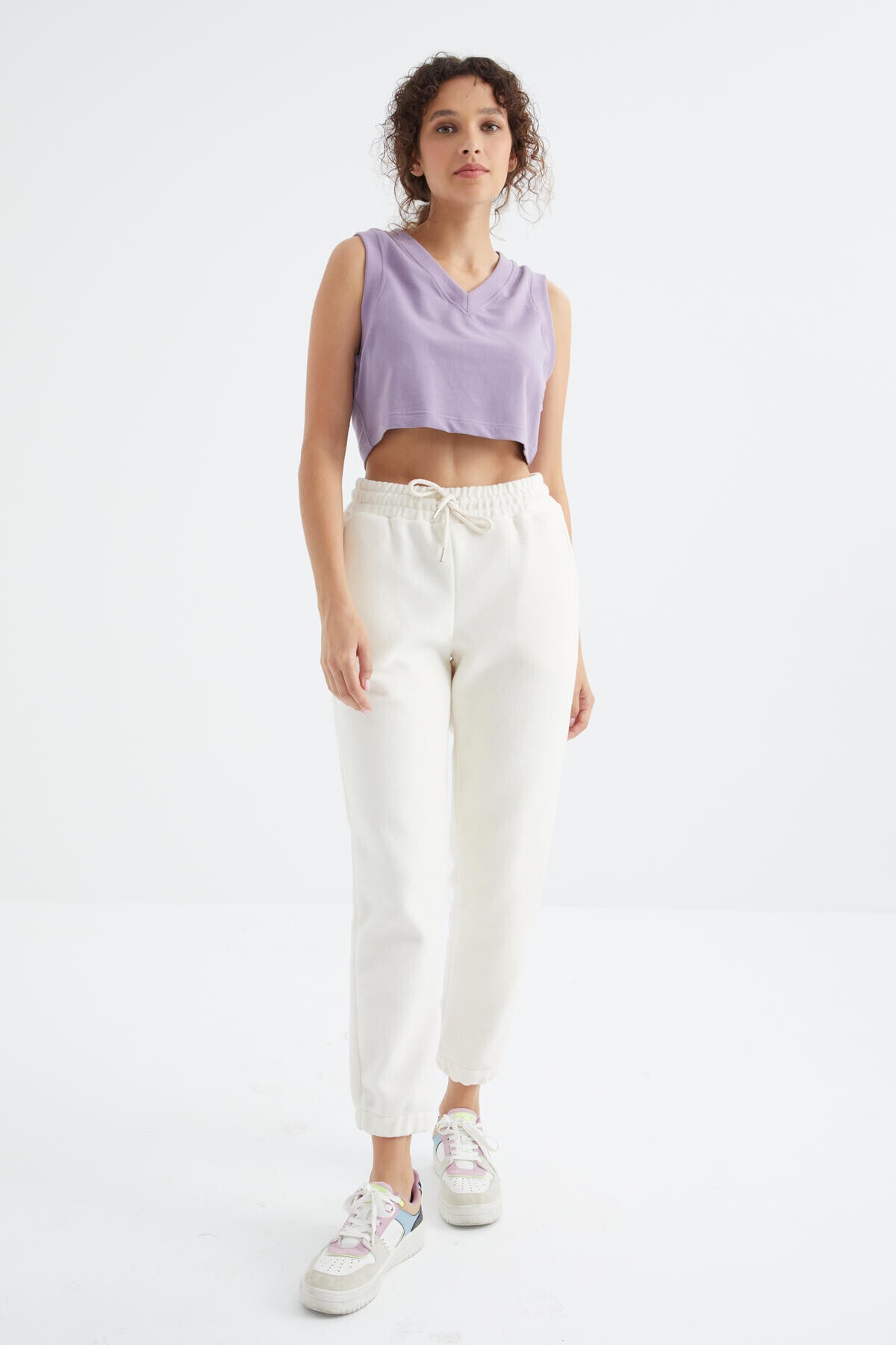 Ekru Yüksek Bel Basic Bağcıklı Jogger Polar Kadın Eşofman Alt - 94622