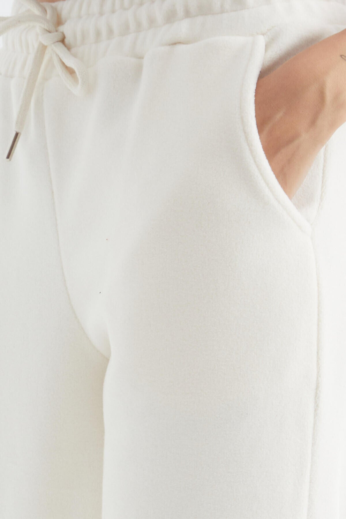 Ekru Yüksek Bel Basic Bağcıklı Jogger Polar Kadın Eşofman Alt - 94622