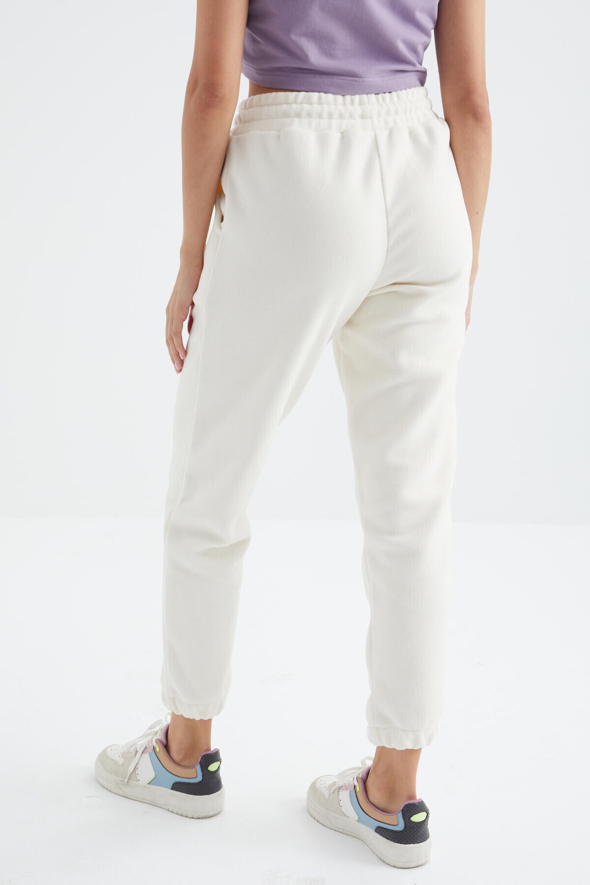 Ekru Yüksek Bel Basic Bağcıklı Jogger Polar Kadın Eşofman Alt - 94622