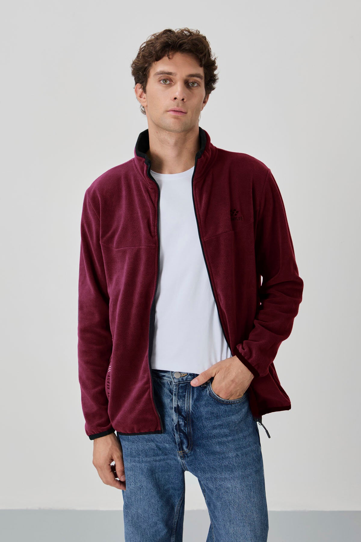 Erguvan Yazı Nakışlı Dik Yaka Fermuarlı Standart Kalıp Erkek Sweatshirt Polar - 87992