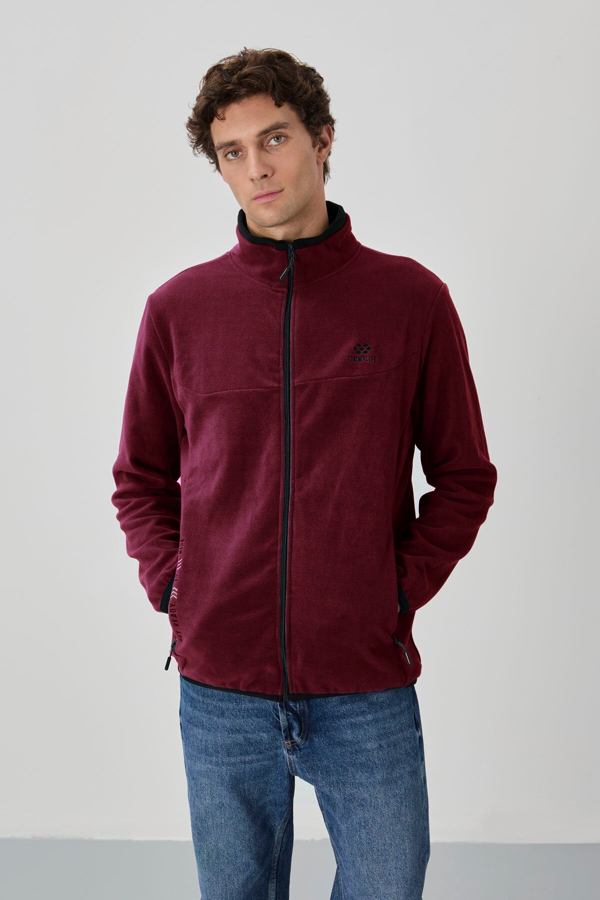 Erguvan Yazı Nakışlı Dik Yaka Fermuarlı Standart Kalıp Erkek Sweatshirt Polar - 87992