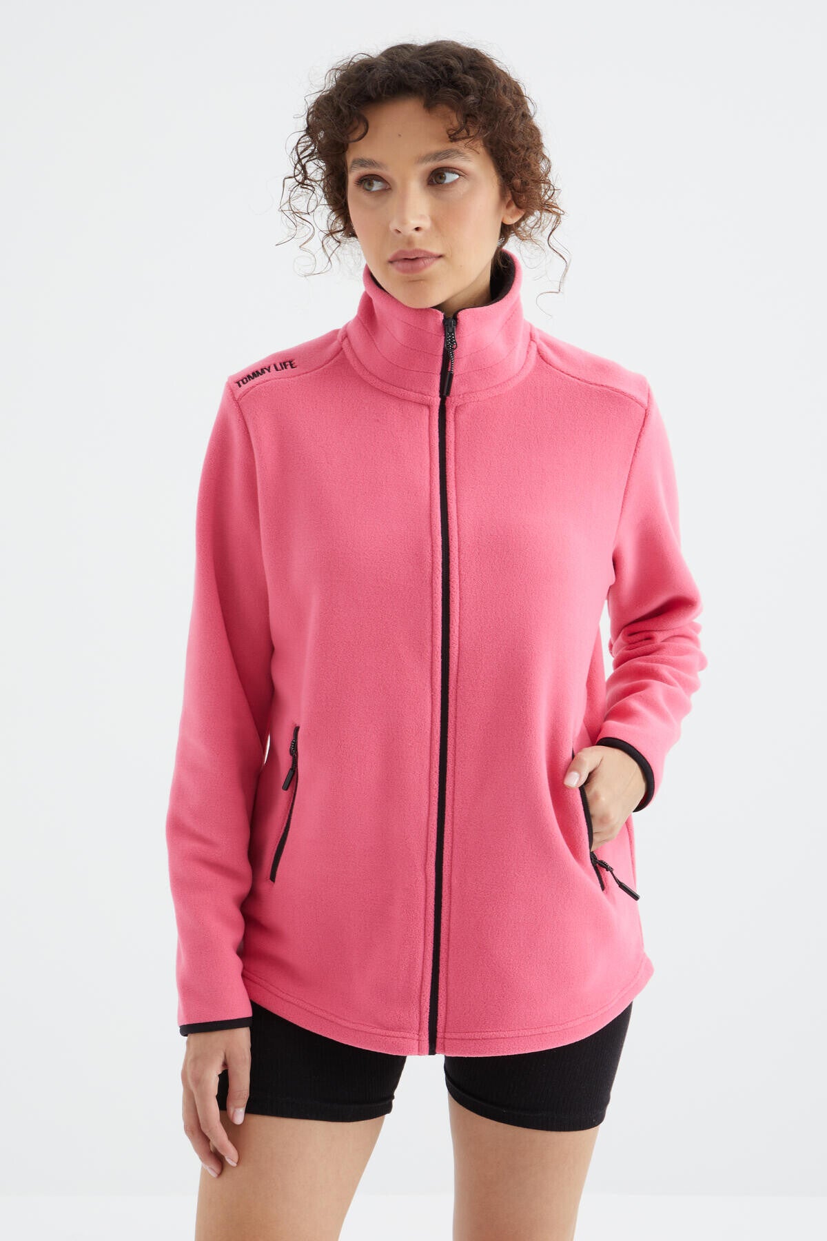 Fuşya Dik Yaka Fermuarlı Rahat Form Kadın Polar Sweatshirt - 97173