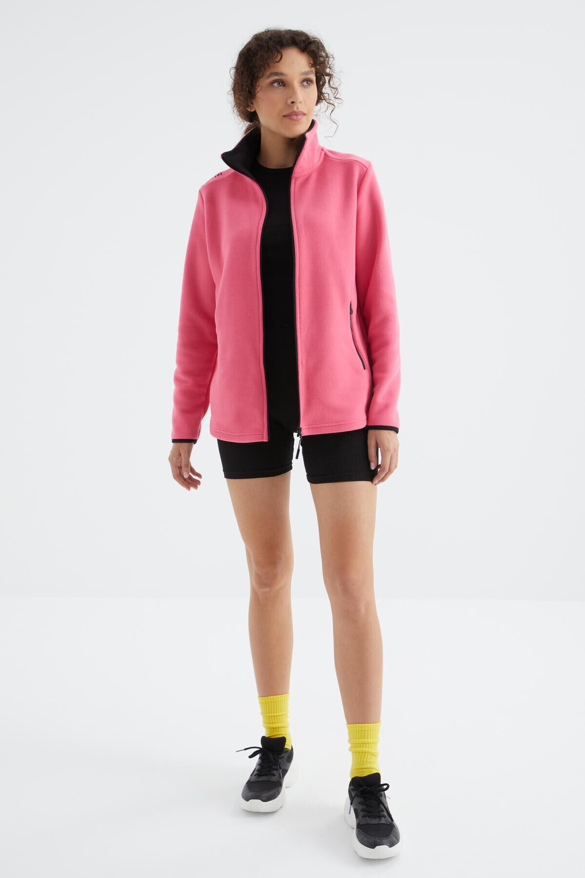Fuşya Dik Yaka Fermuarlı Rahat Form Kadın Polar Sweatshirt - 97173