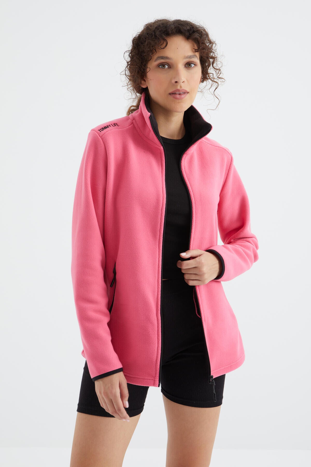 Fuşya Dik Yaka Fermuarlı Rahat Form Kadın Polar Sweatshirt - 97173