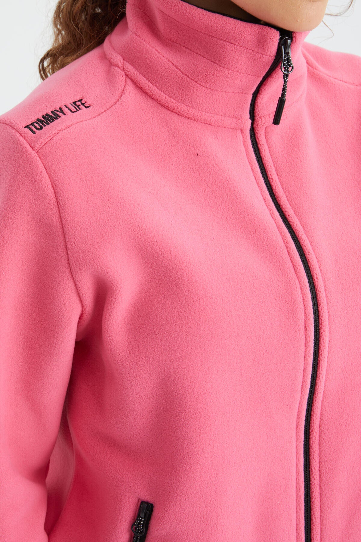 Fuşya Dik Yaka Fermuarlı Rahat Form Kadın Polar Sweatshirt - 97173