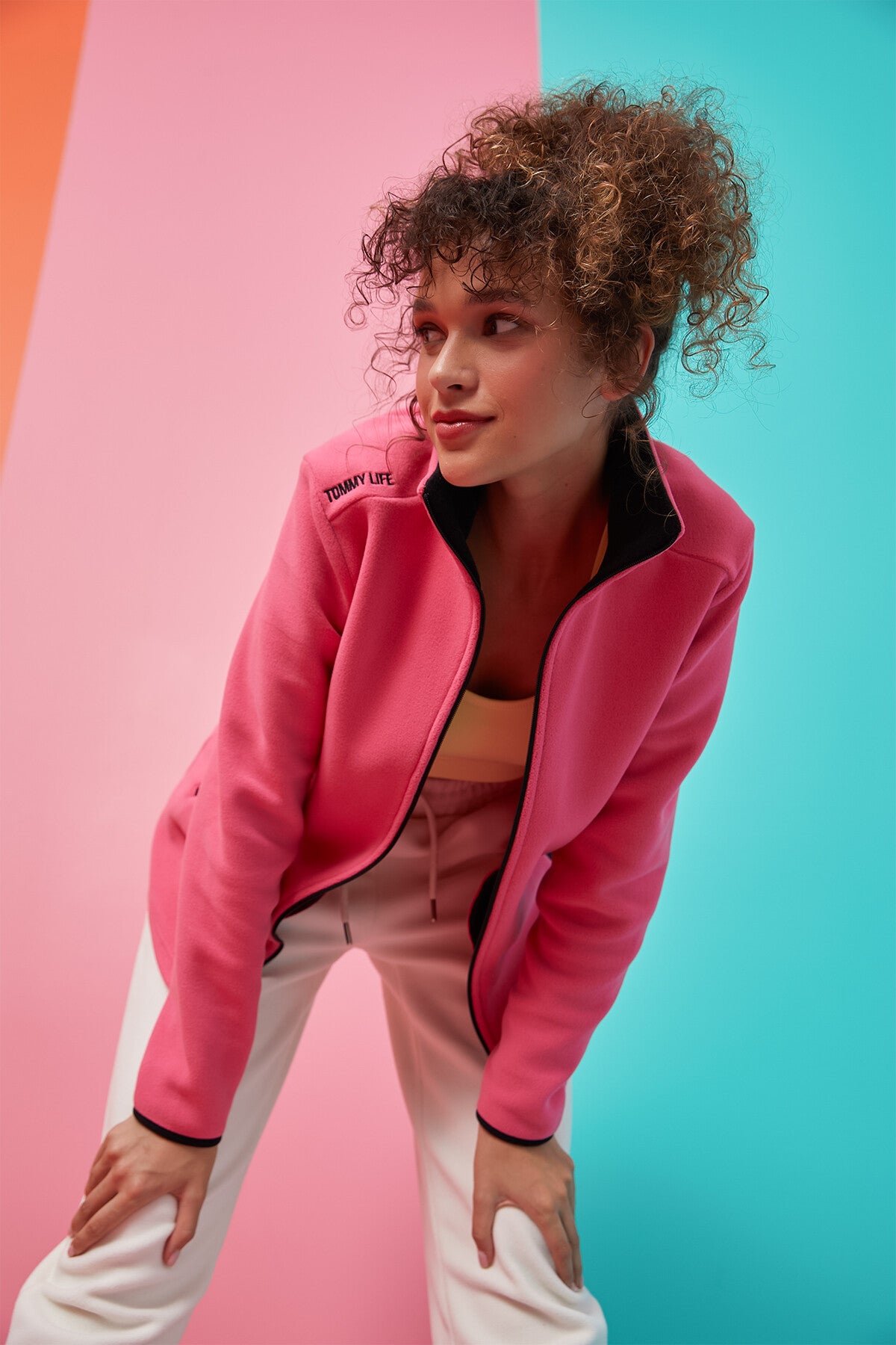 Fuşya Dik Yaka Fermuarlı Rahat Form Kadın Polar Sweatshirt - 97173