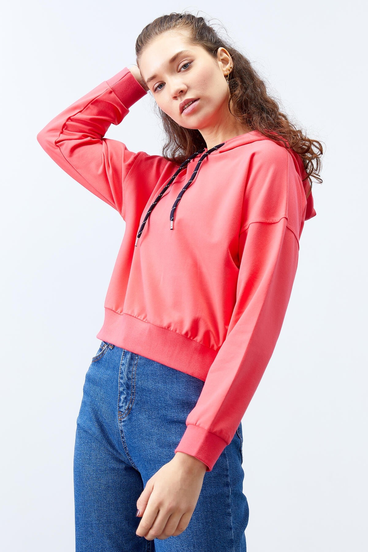 Fuşya Uzun Kol Rahat Form Kapüşonlu Kadın Sweatshirt - 97115