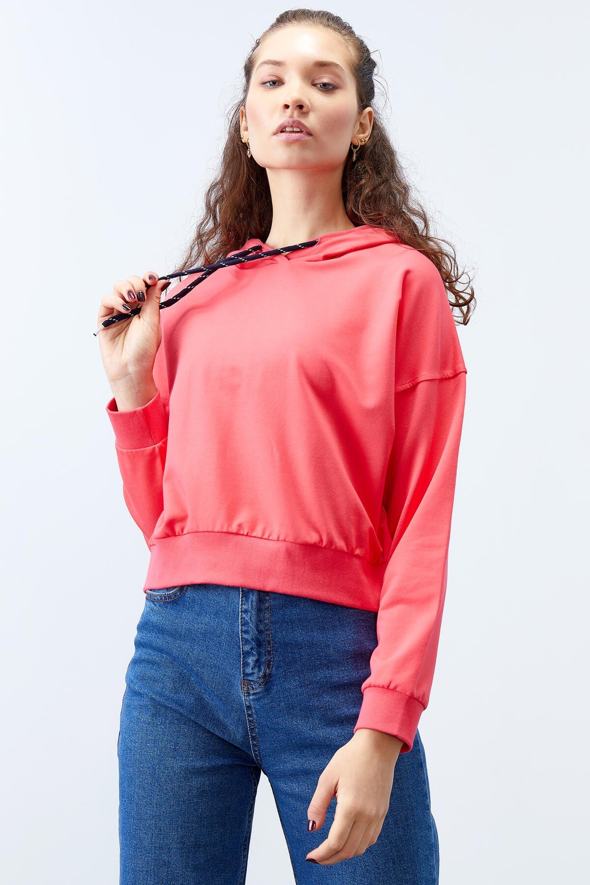 Fuşya Uzun Kol Rahat Form Kapüşonlu Kadın Sweatshirt - 97115