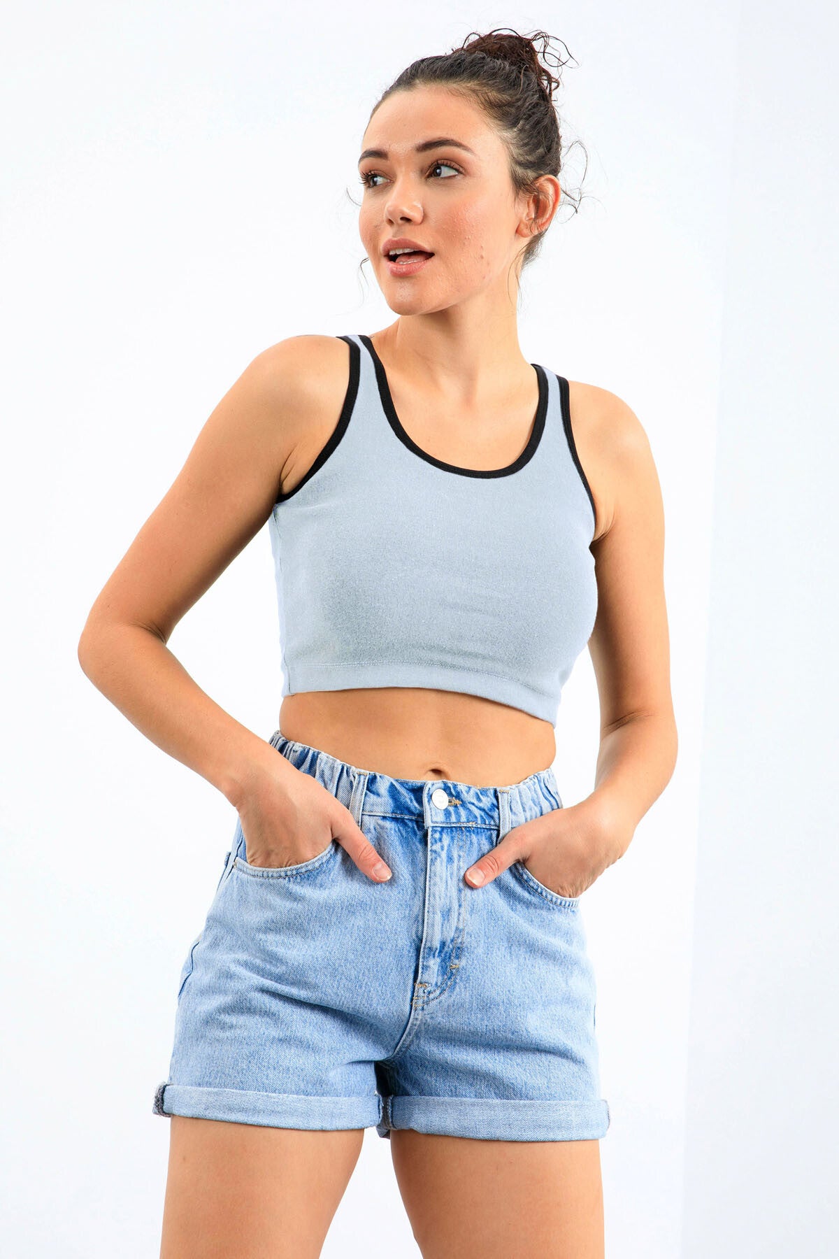Gök Mavi Basic Sıfır Kol Dar Kalıp U Yaka Kadın Crop Top Atlet - 97162