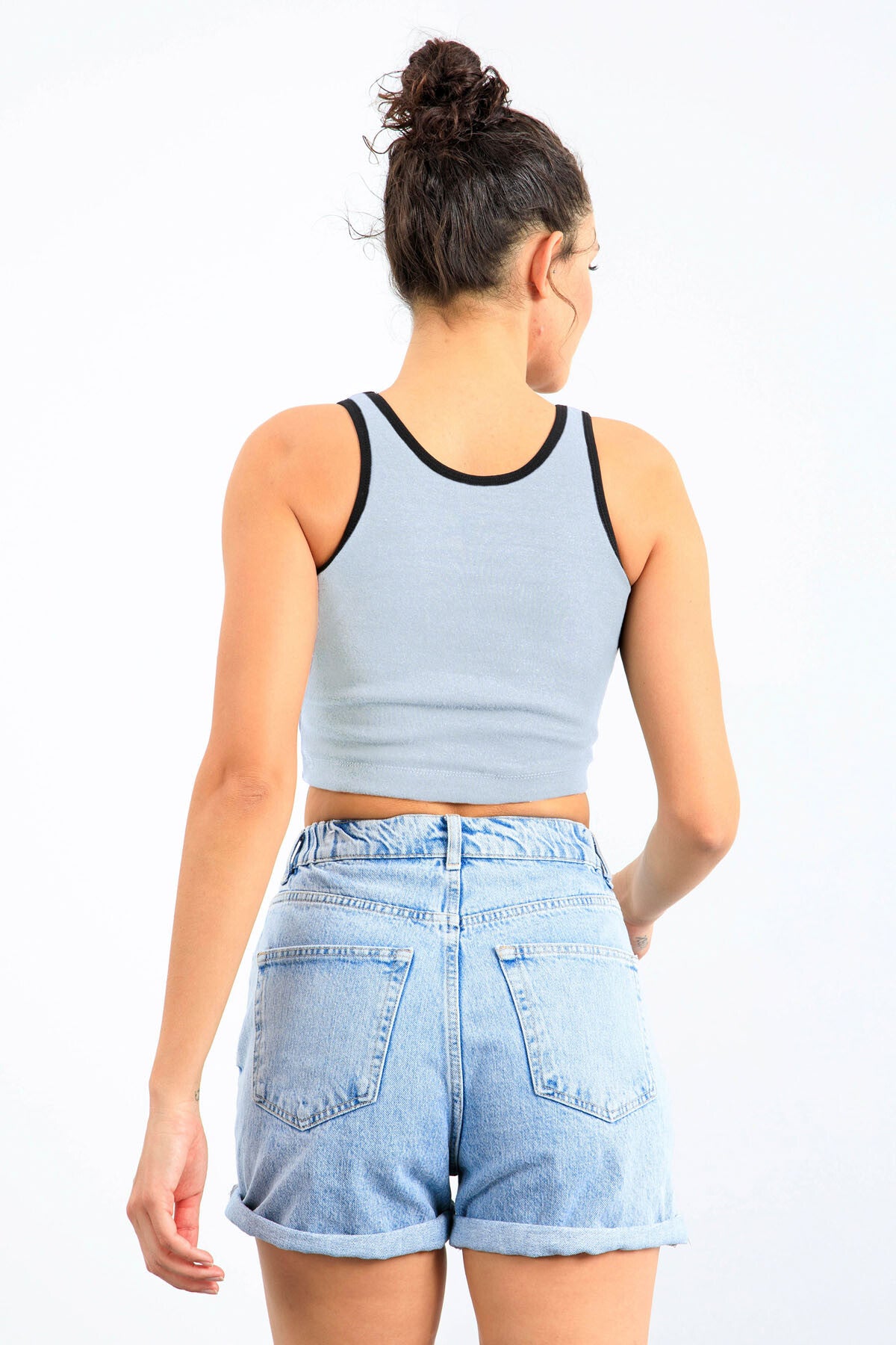 Gök Mavi Basic Sıfır Kol Dar Kalıp U Yaka Kadın Crop Top Atlet - 97162