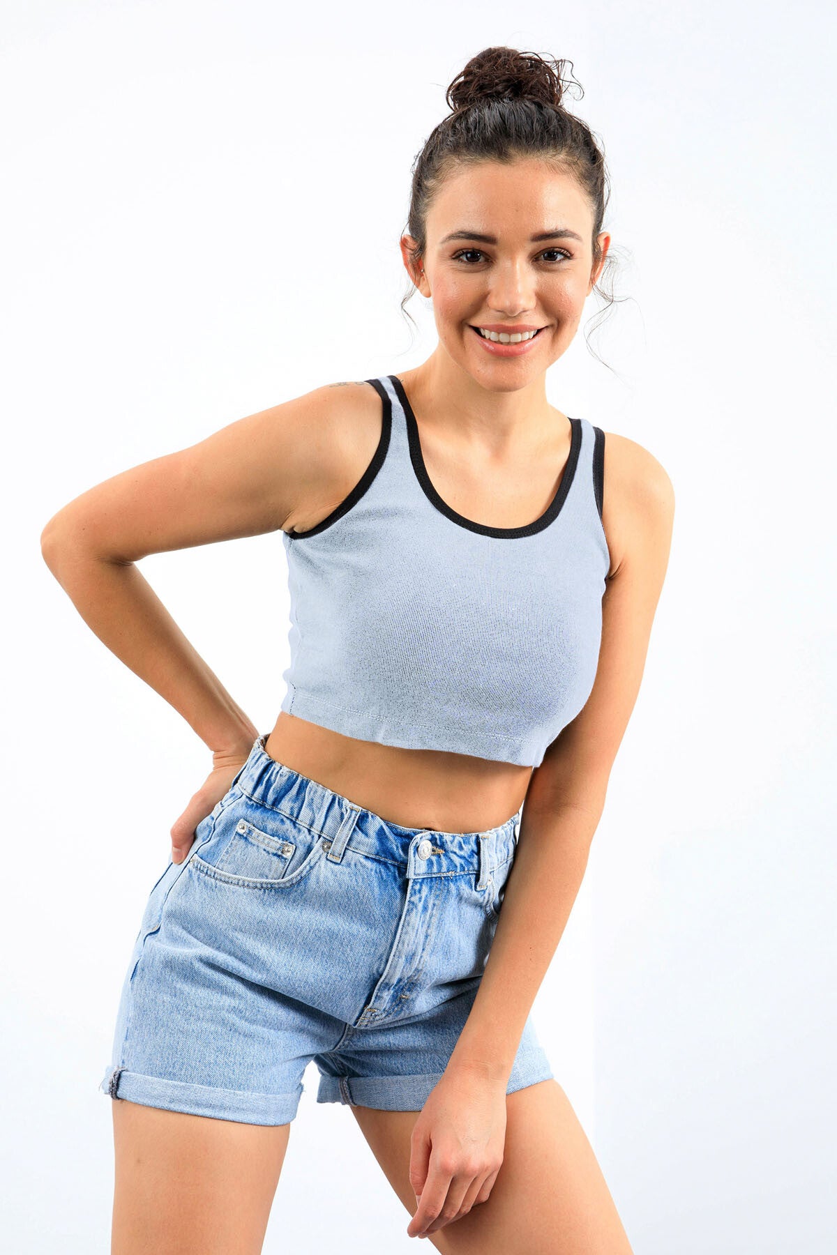 Gök Mavi Basic Sıfır Kol Dar Kalıp U Yaka Kadın Crop Top Atlet - 97162