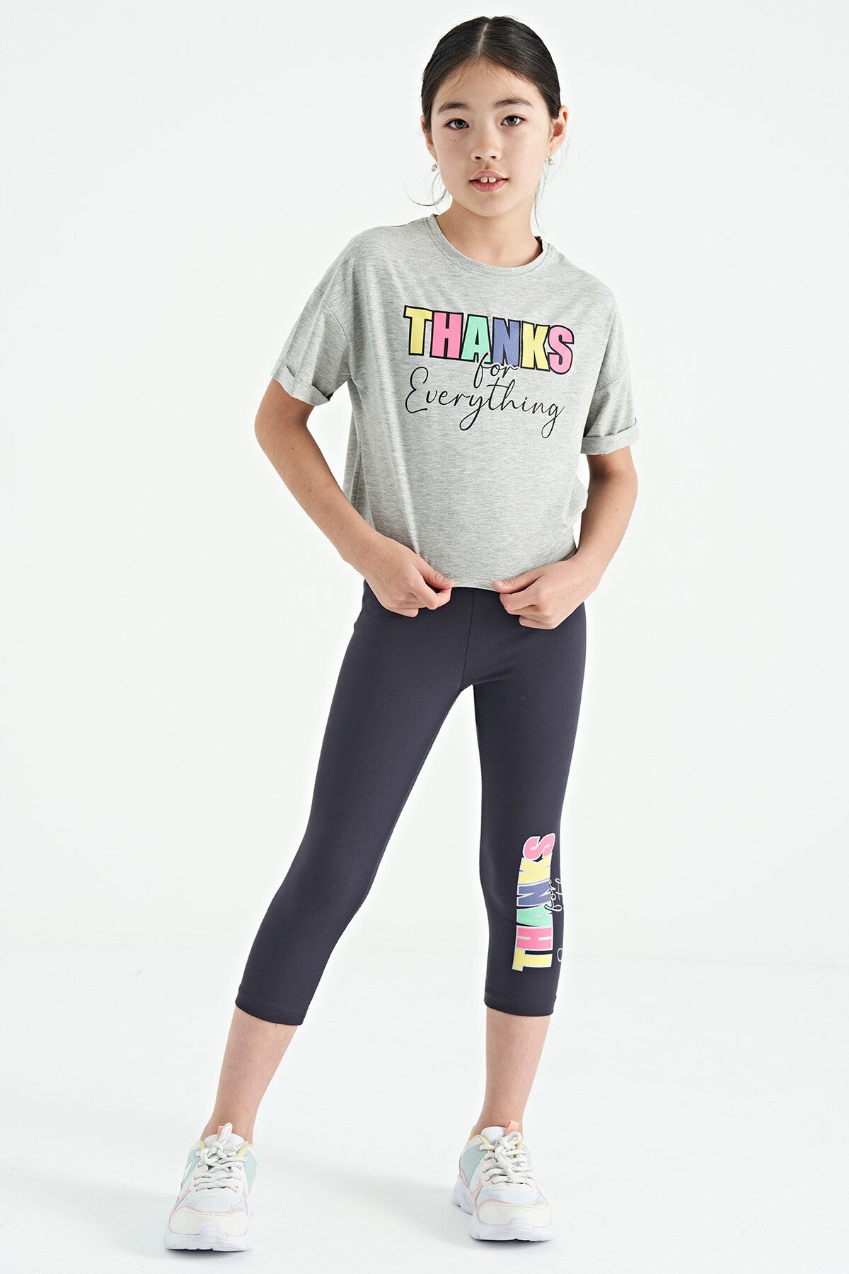 Gri Melanj - Antrasit Yazı Baskılı Oversize Kız Çocuk Crop Tayt Takım - 75133
