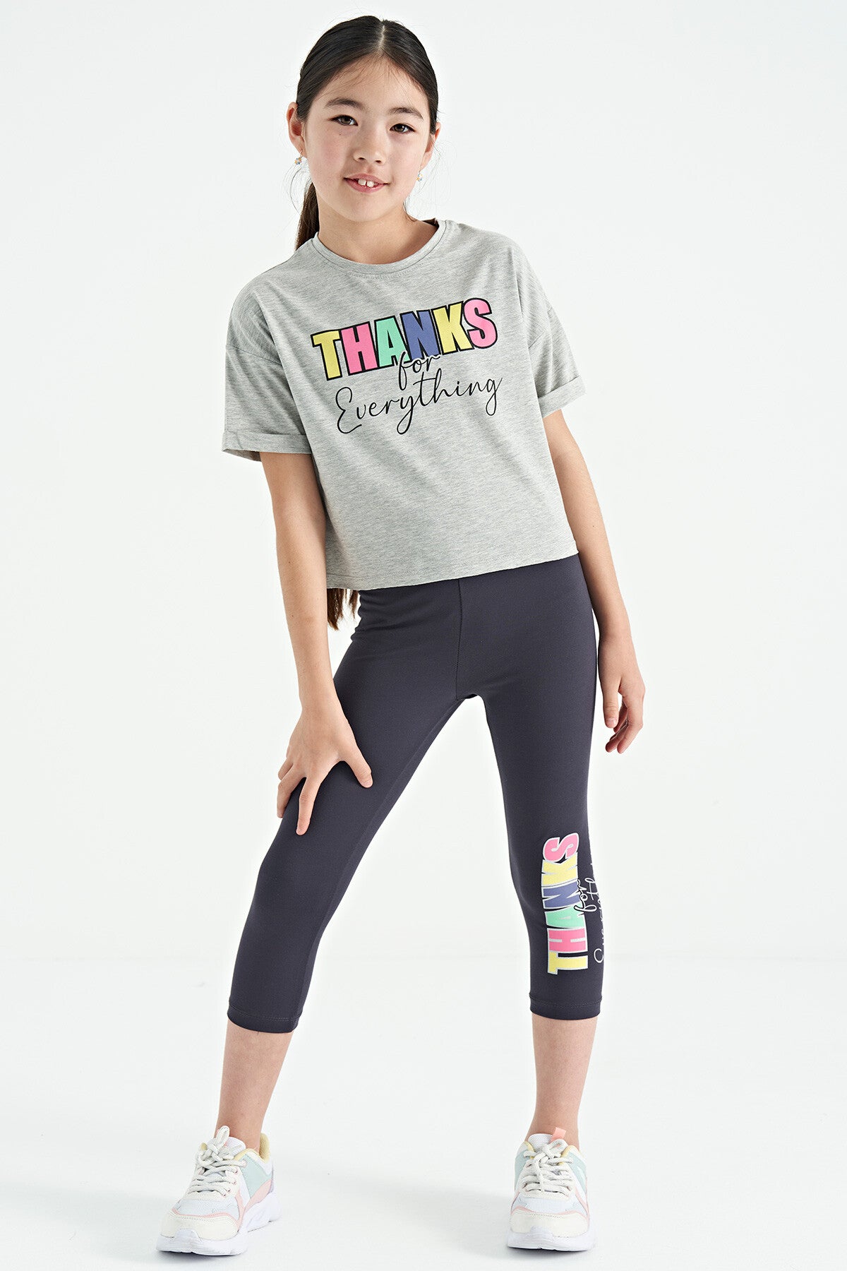 Gri Melanj - Antrasit Yazı Baskılı Oversize Kız Çocuk Crop Tayt Takım - 75133