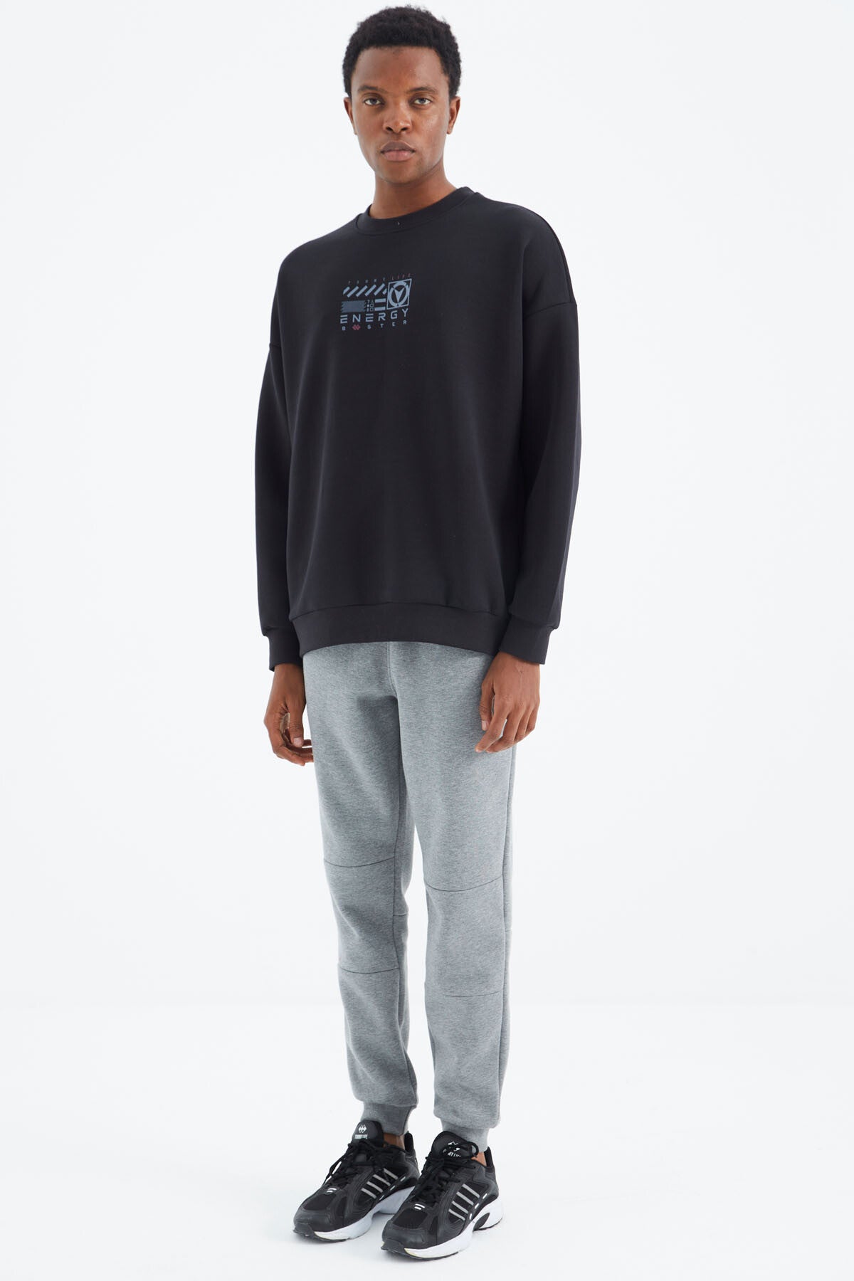 Gri Melanj Bağcıklı Şerit Detaylı Rahat Kalıp Erkek Eşofman Alt - 82106