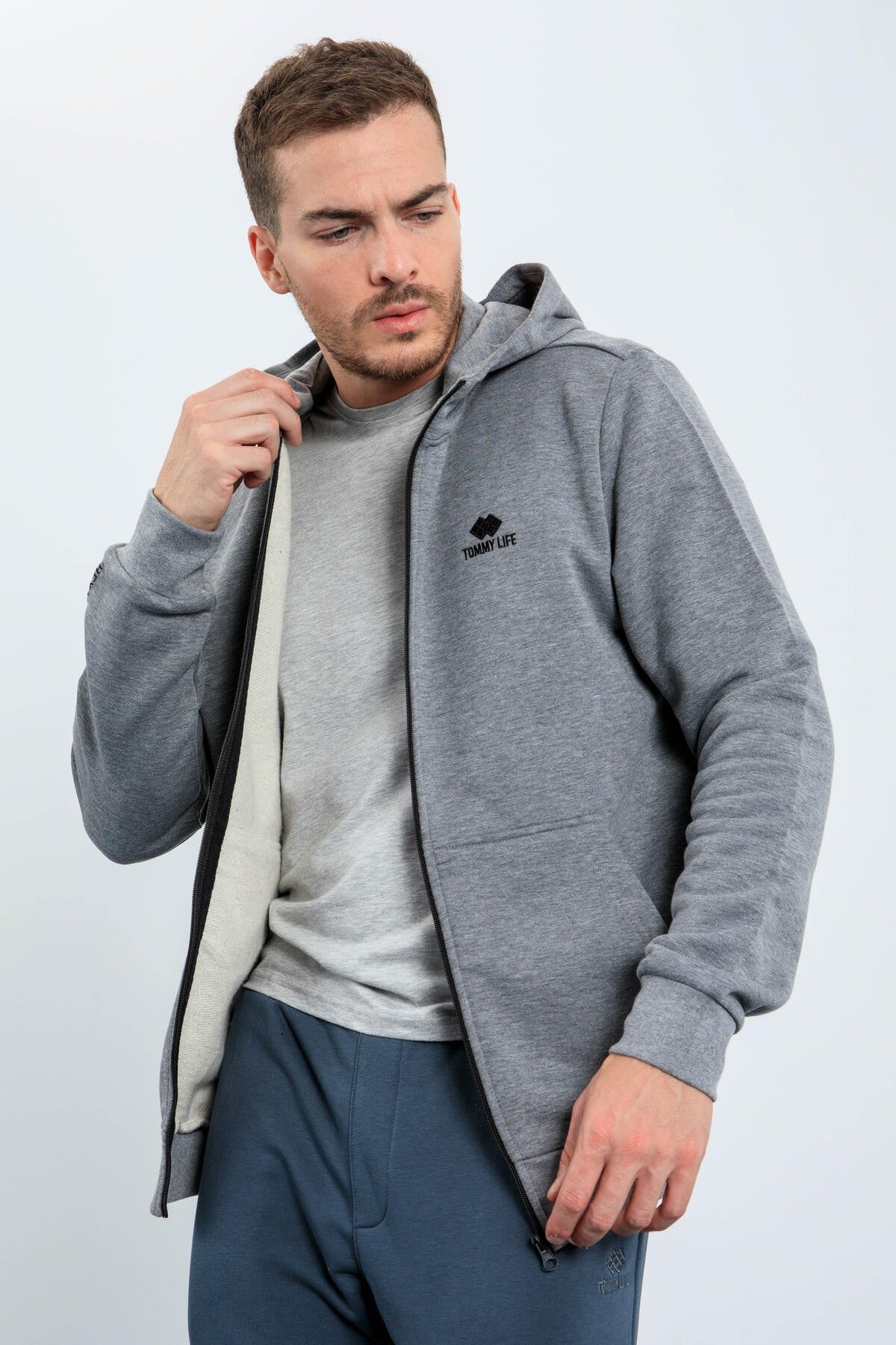 Gri Melanj Basic Kapüşonlu Rahat Form Nakış Detaylı Fermuarlı Erkek Sweatshirt - 88035