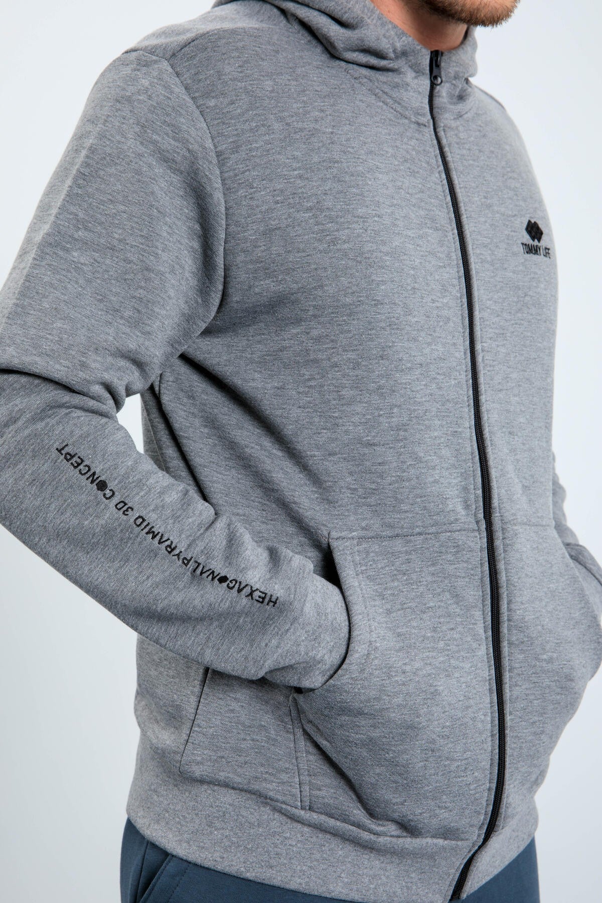 Gri Melanj Basic Kapüşonlu Rahat Form Nakış Detaylı Fermuarlı Erkek Sweatshirt - 88035