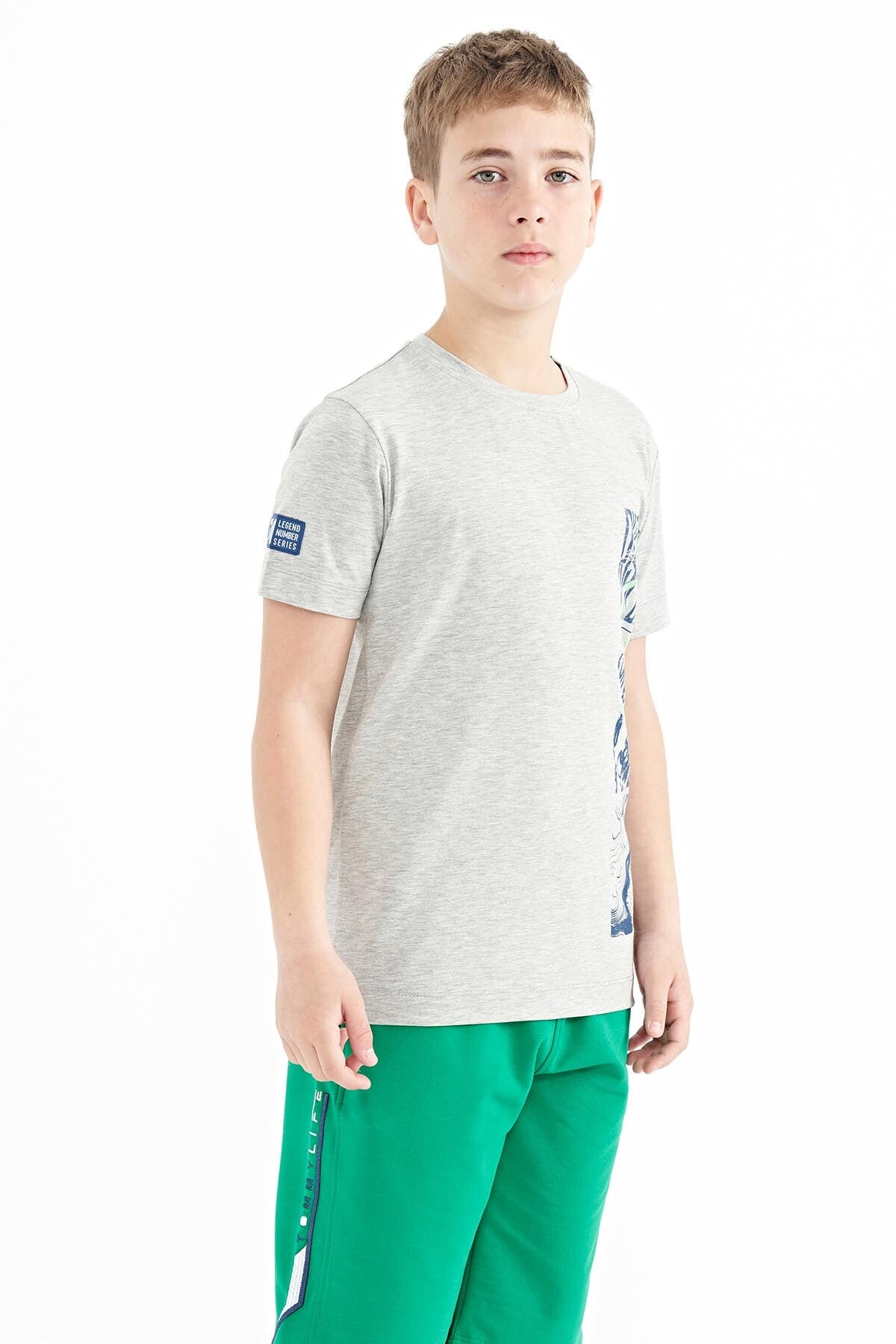 Gri Melanj Baskı Detaylı O Yaka Standart Kalıp Erkek Çocuk T-Shirt - 11104