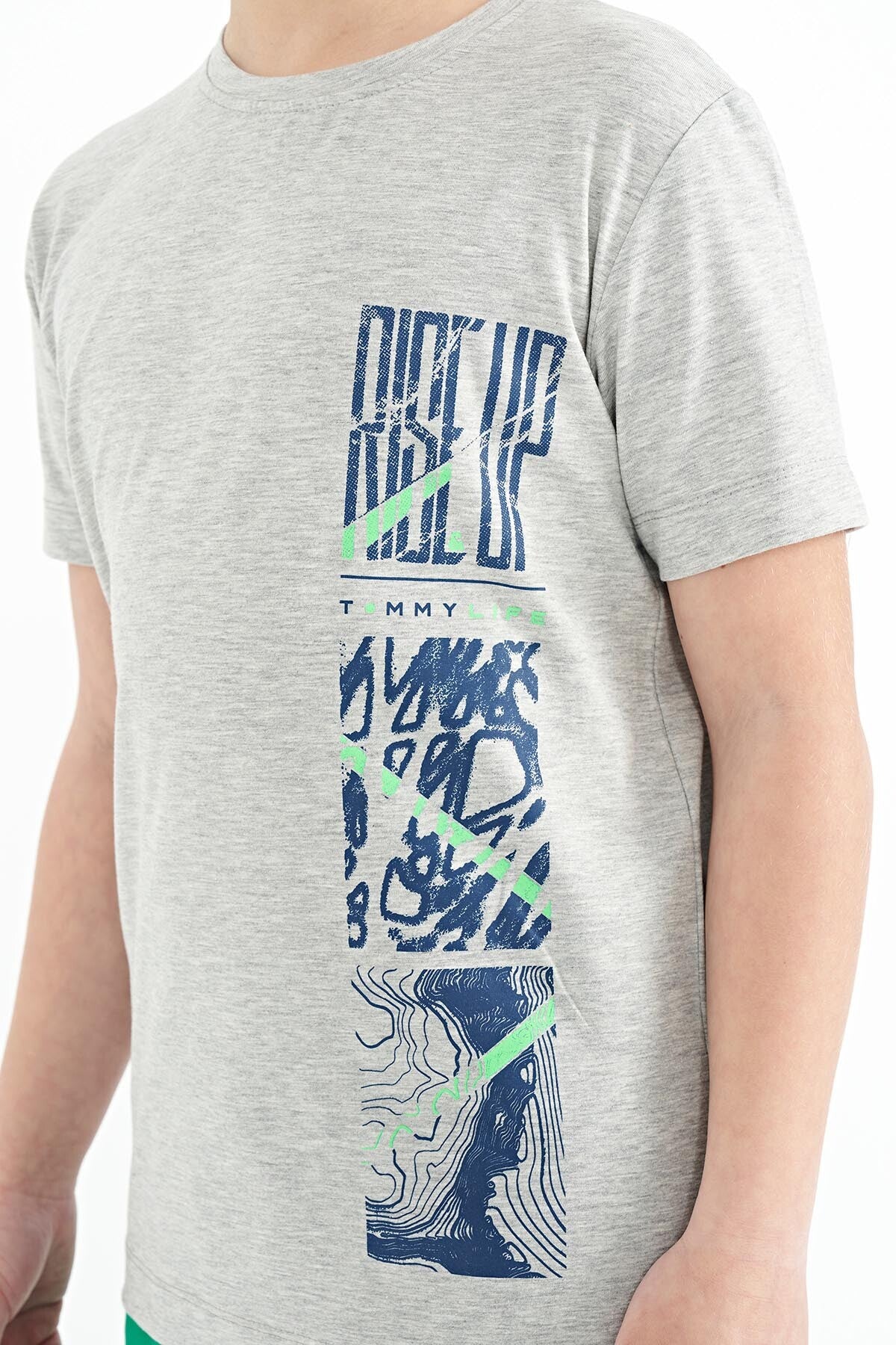 Gri Melanj Baskı Detaylı O Yaka Standart Kalıp Erkek Çocuk T-Shirt - 11104