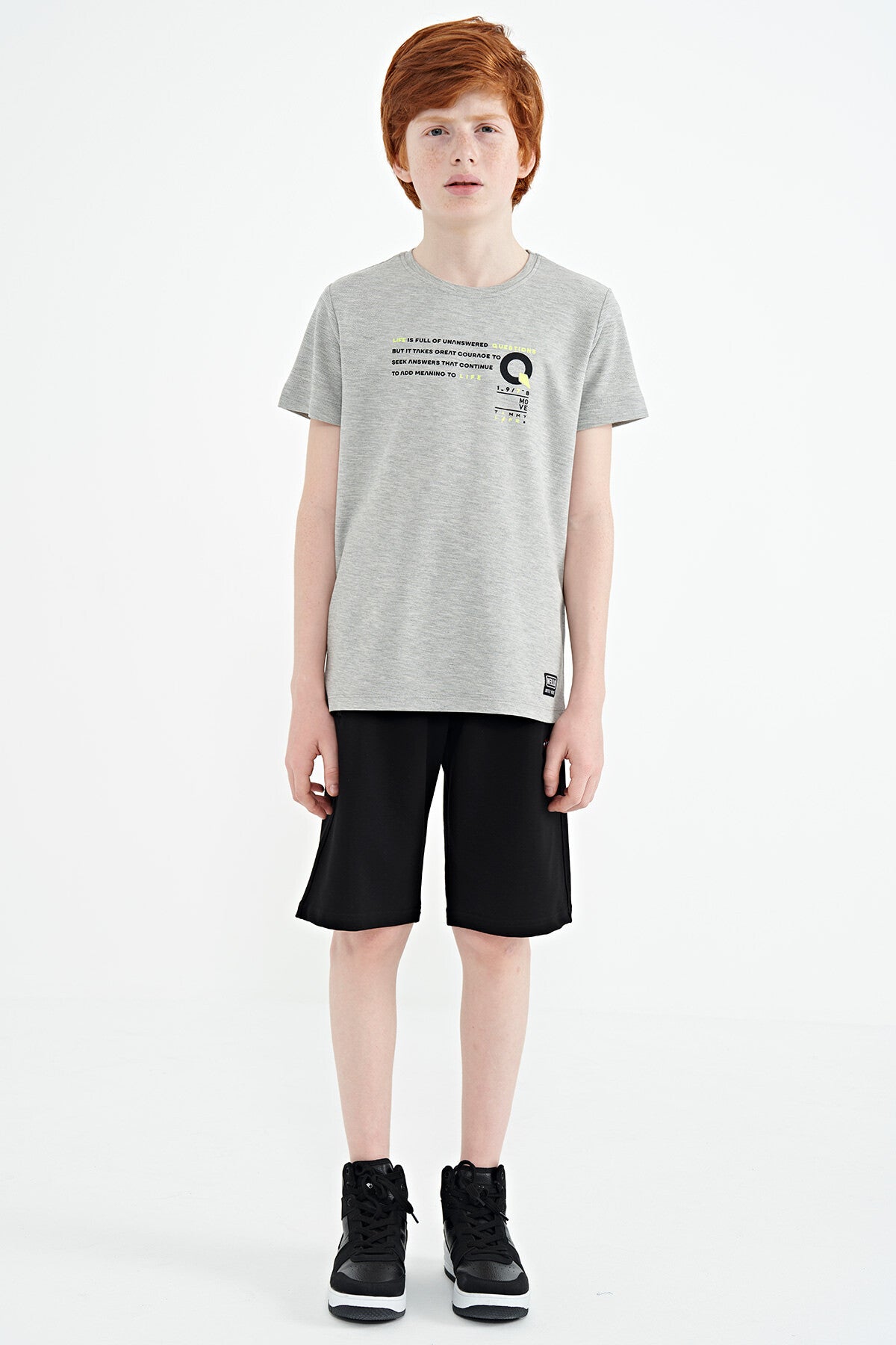 Gri Melanj Baskı Detaylı O Yaka Standart Kalıp Erkek Çocuk T-Shirt - 11145