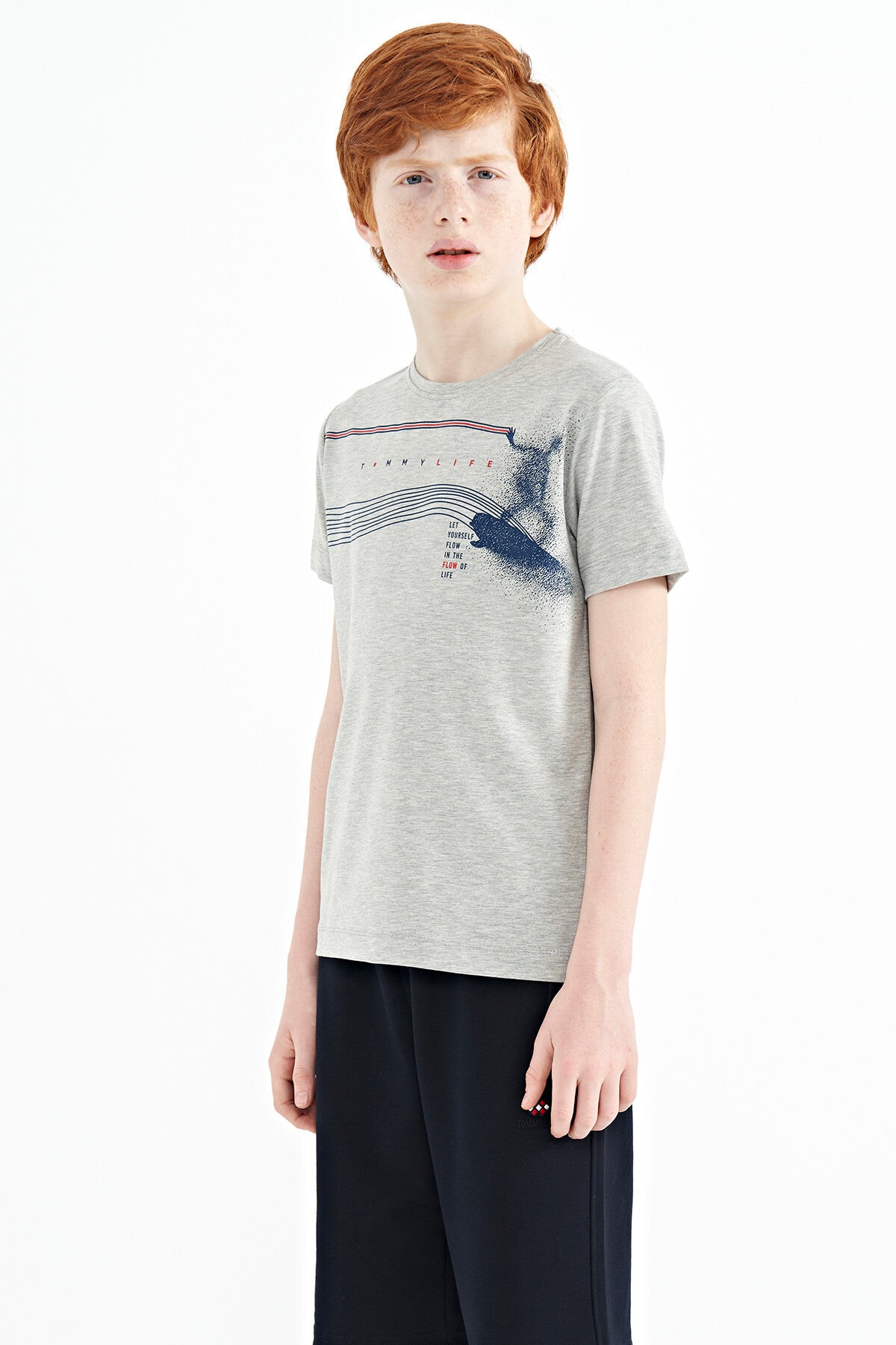 Gri Melanj Baskı Detaylı Standart Kalıp O Yaka Erkek Çocuk T-Shirt - 11133