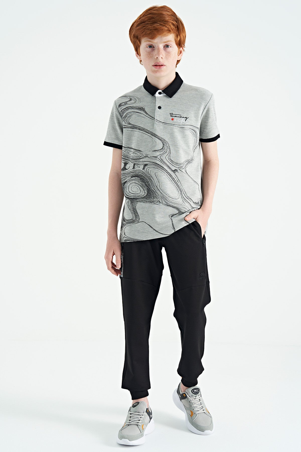 Gri Melanj Baskı Detaylı Standart Kalıp Polo Yaka Erkek Çocuk T-Shirt - 11165