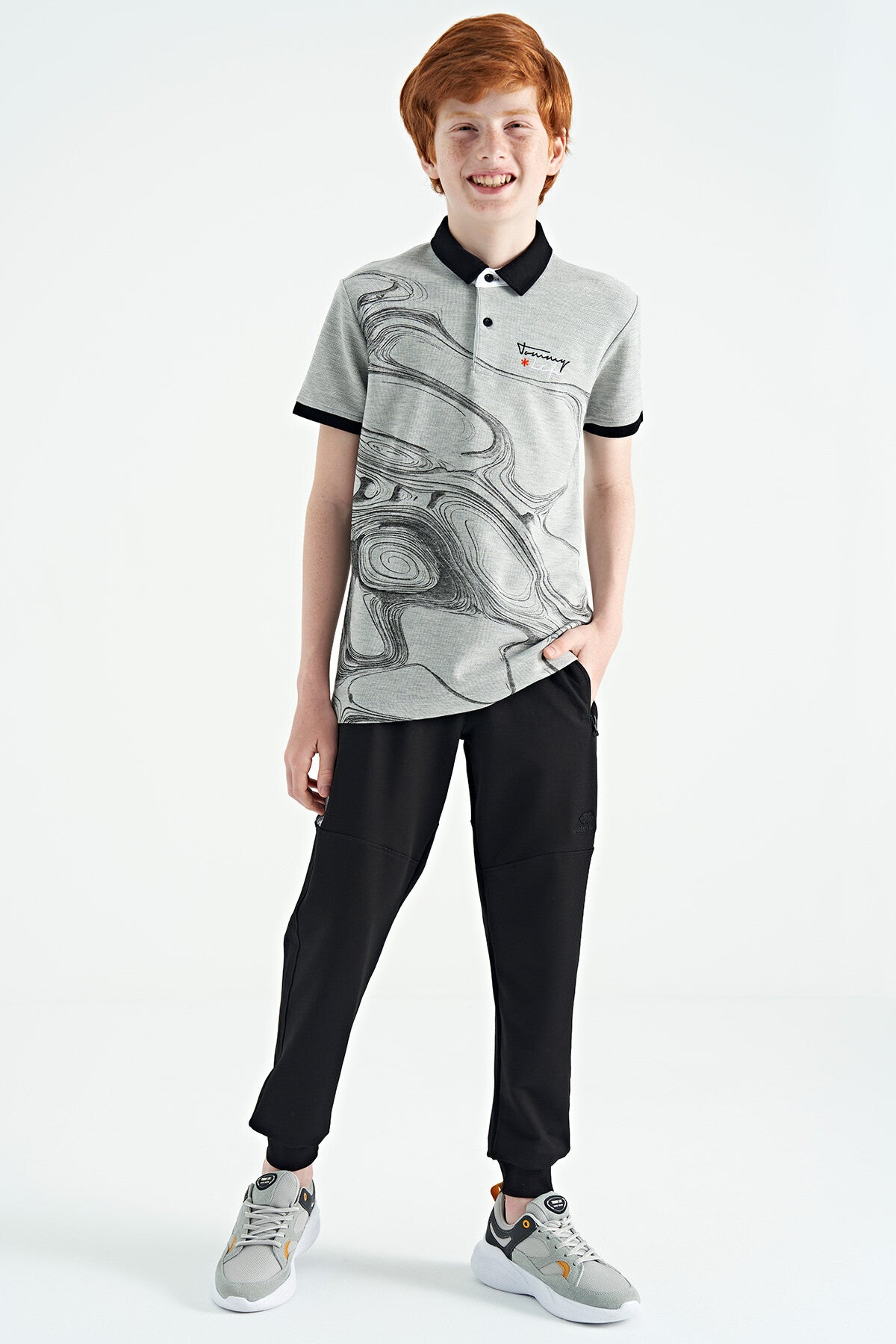 Gri Melanj Baskı Detaylı Standart Kalıp Polo Yaka Erkek Çocuk T-Shirt - 11165