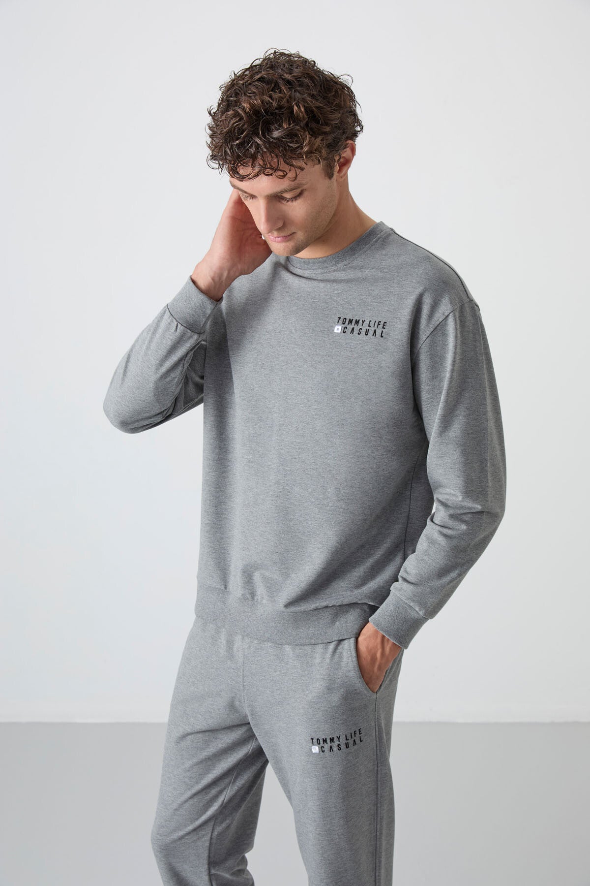 Gri Melanj Casual O Yaka Lastik Paça Pamuklu Erkek Oversize Eşofman Takımı - 85120