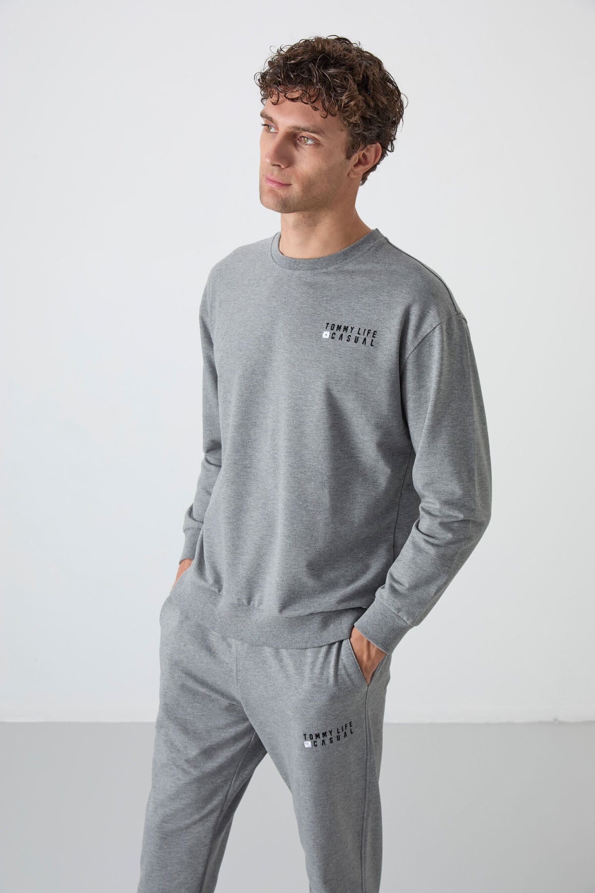 Gri Melanj Casual O Yaka Lastik Paça Pamuklu Erkek Oversize Eşofman Takımı - 85120