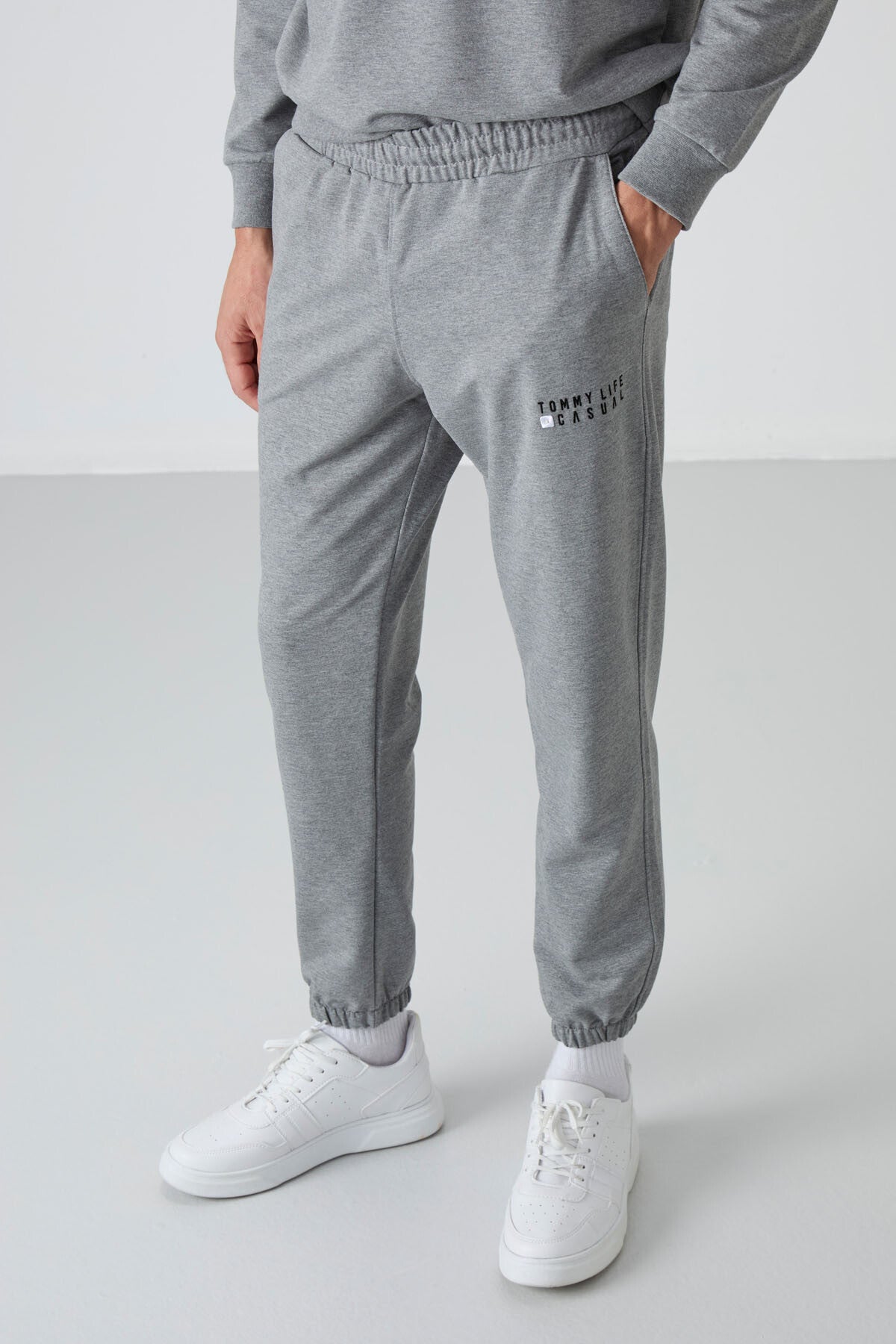 Gri Melanj Casual O Yaka Lastik Paça Pamuklu Erkek Oversize Eşofman Takımı - 85120