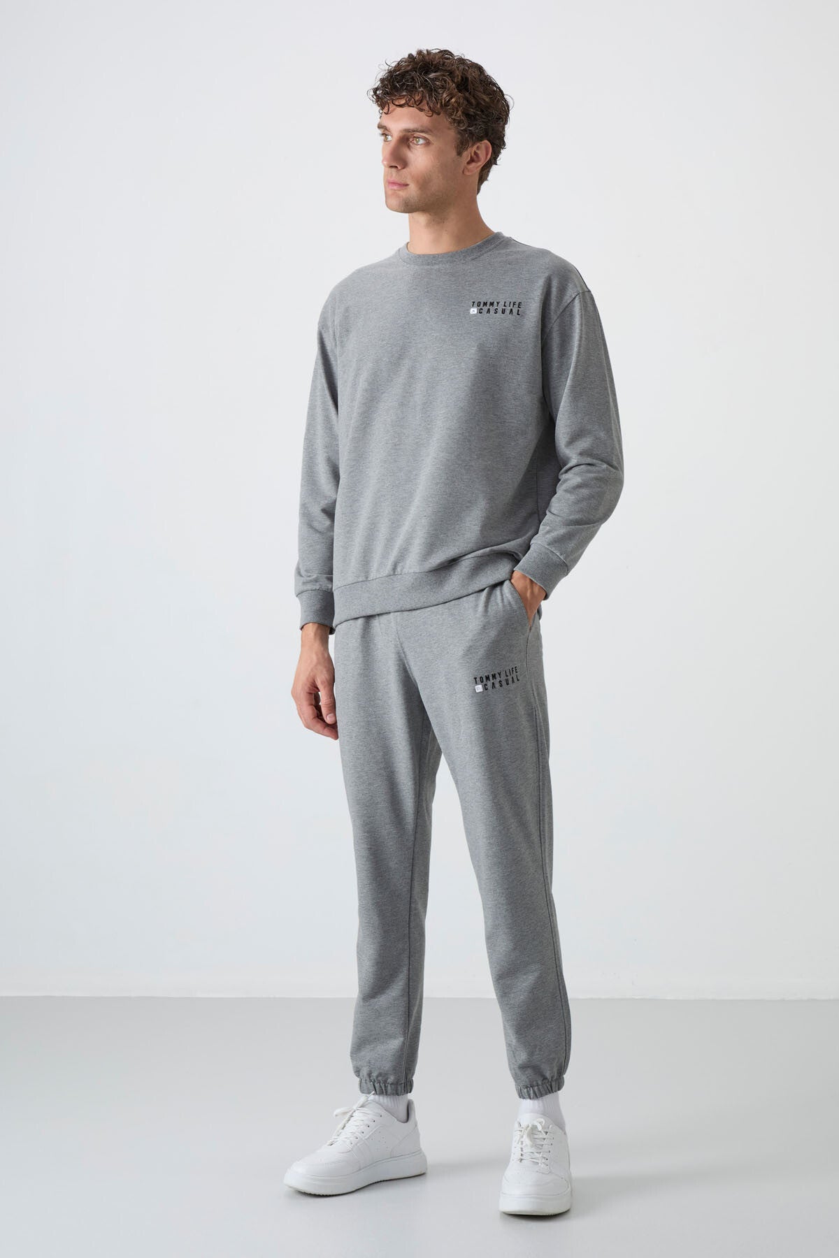Gri Melanj Casual O Yaka Lastik Paça Pamuklu Erkek Oversize Eşofman Takımı - 85120