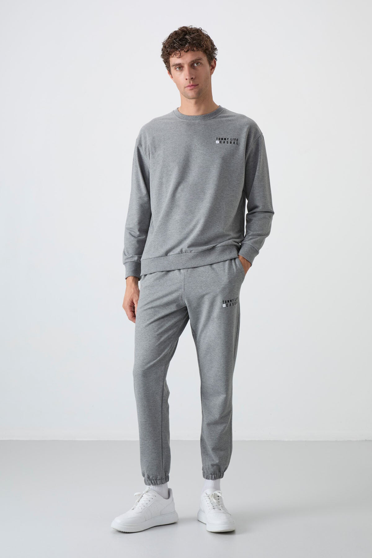 Gri Melanj Casual O Yaka Lastik Paça Pamuklu Erkek Oversize Eşofman Takımı - 85120