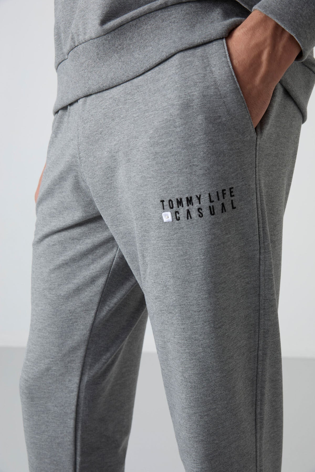 Gri Melanj Casual O Yaka Lastik Paça Pamuklu Erkek Oversize Eşofman Takımı - 85120