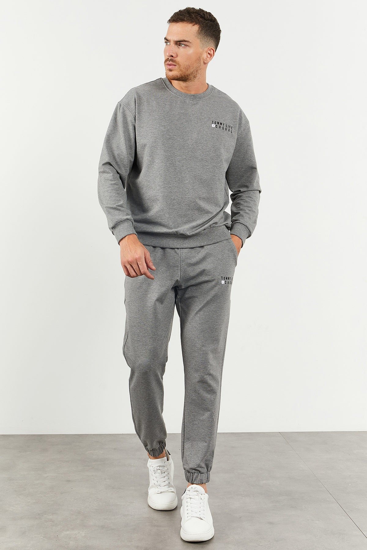 Gri Melanj Casual O Yaka Lastik Paça Pamuklu Erkek Oversize Eşofman Takımı - 85120