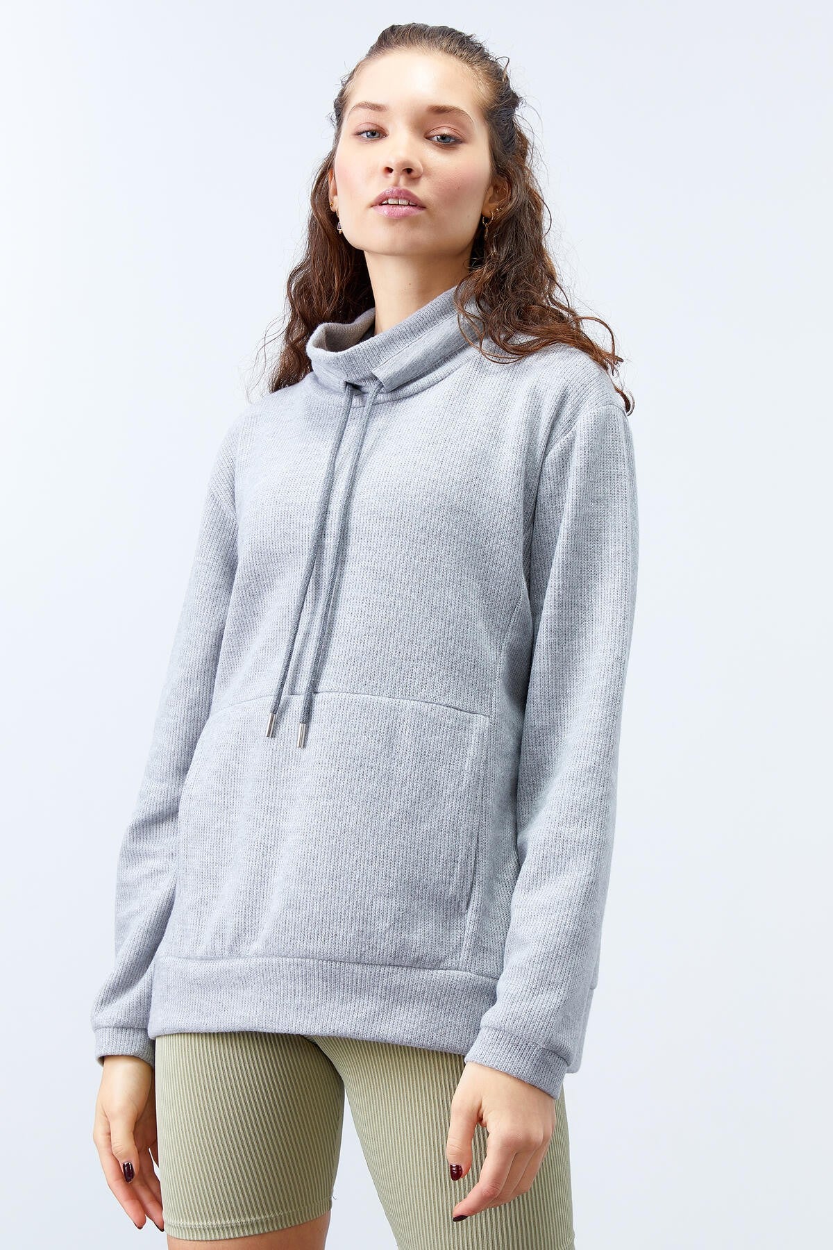 Gri Melanj Dik Yaka Bağcıklı Selanik Triko Kadın Oversize Sweatshirt - 97195