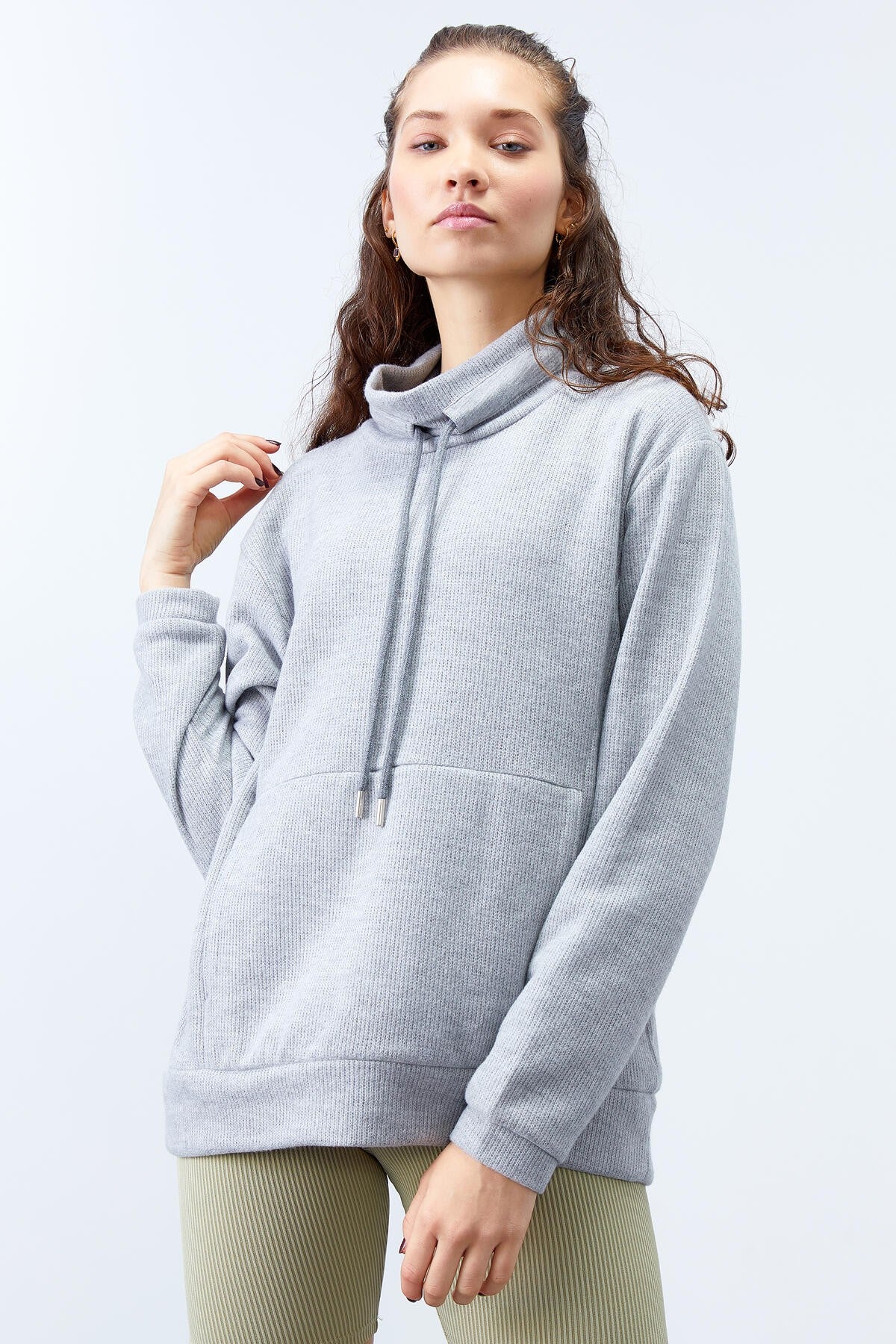 Gri Melanj Dik Yaka Bağcıklı Selanik Triko Kadın Oversize Sweatshirt - 97195