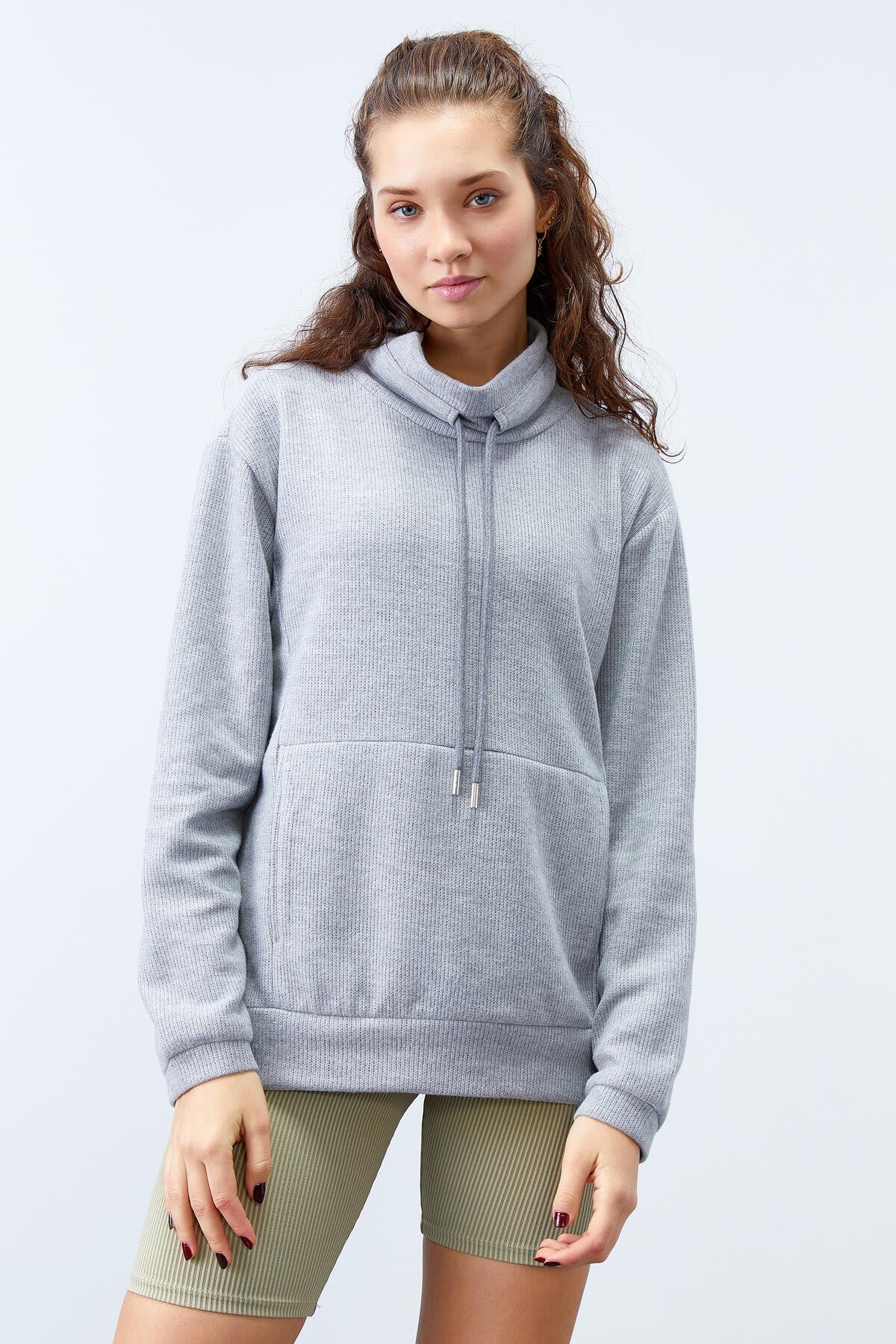Gri Melanj Dik Yaka Bağcıklı Selanik Triko Kadın Oversize Sweatshirt - 97195