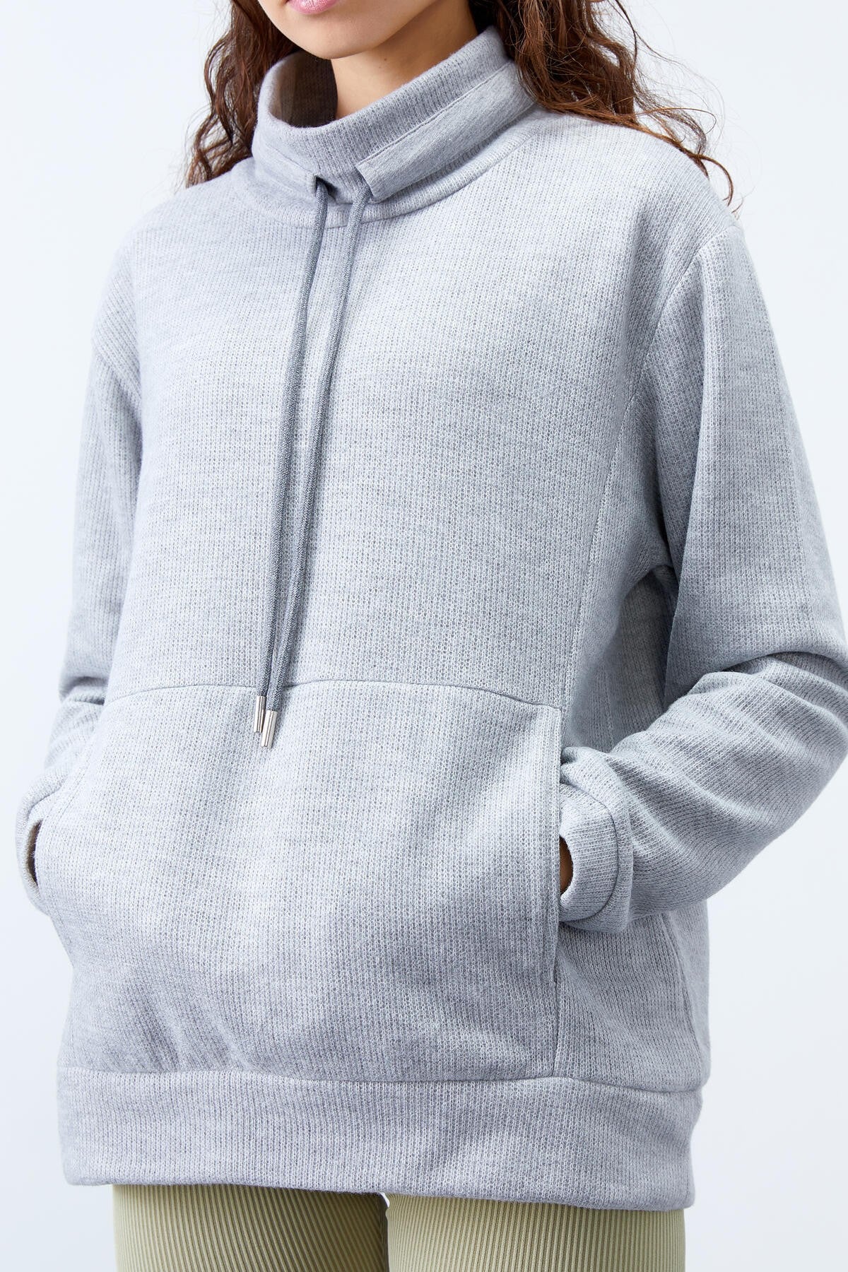 Gri Melanj Dik Yaka Bağcıklı Selanik Triko Kadın Oversize Sweatshirt - 97195