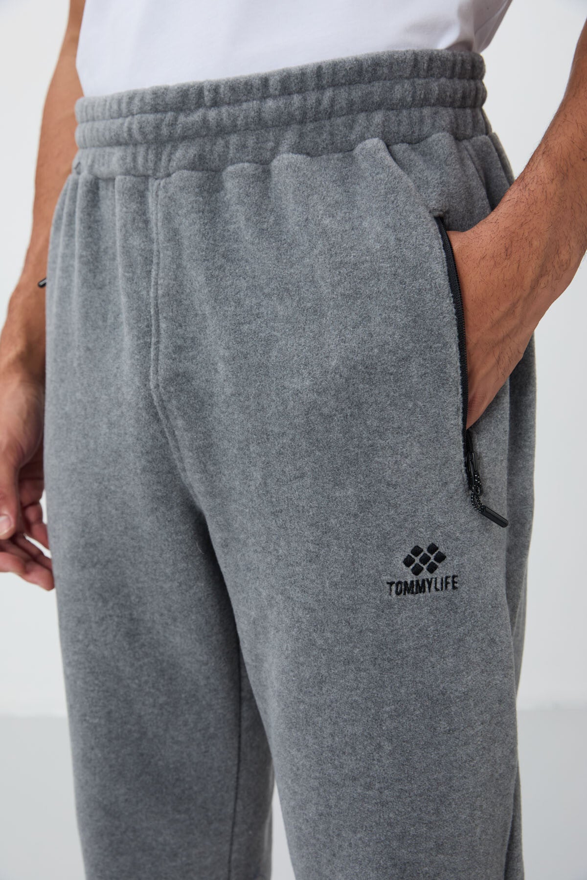 Gri Melanj Dik Yaka Basic Fermuar Cepli Standart Kalıp Erkek Polar Eşofman Takımı - 85193